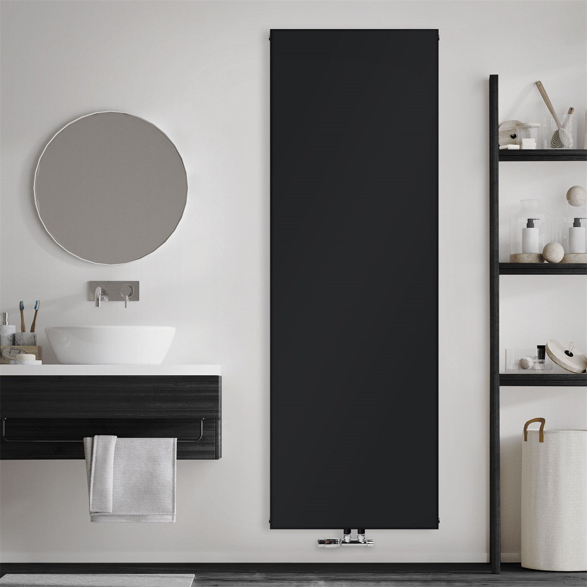 Radiador de painel preto numa parede de uma casa de banho moderna.
