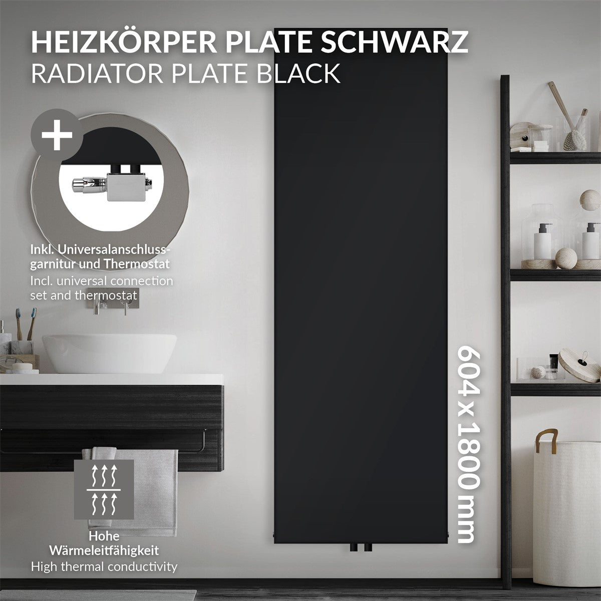 Ein schwarzer Heizkörper mit Abmessungen und Zubehörinformationen.