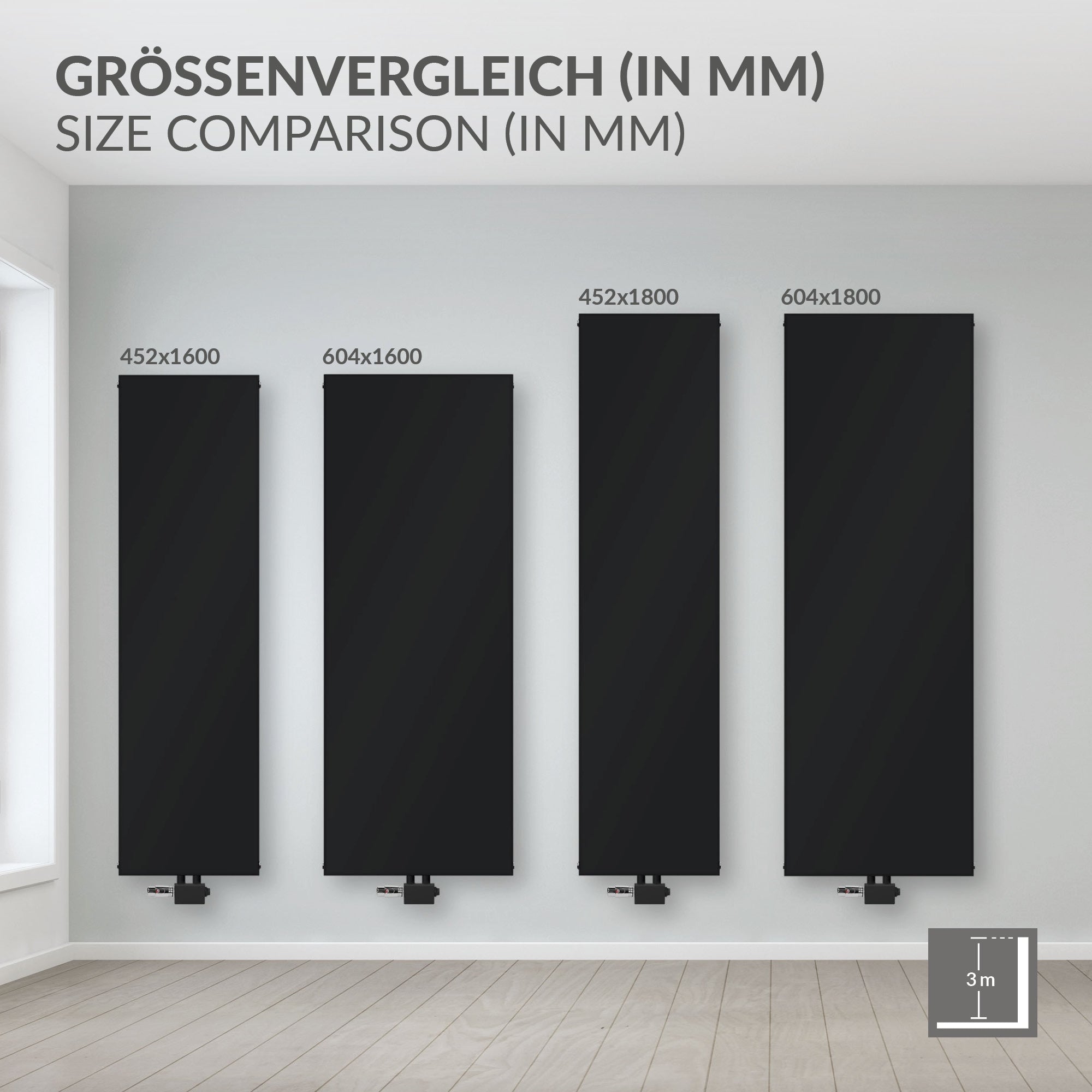 Schwarze Heizkörperplatte in einem Raum mit anderen Heizkörpern.