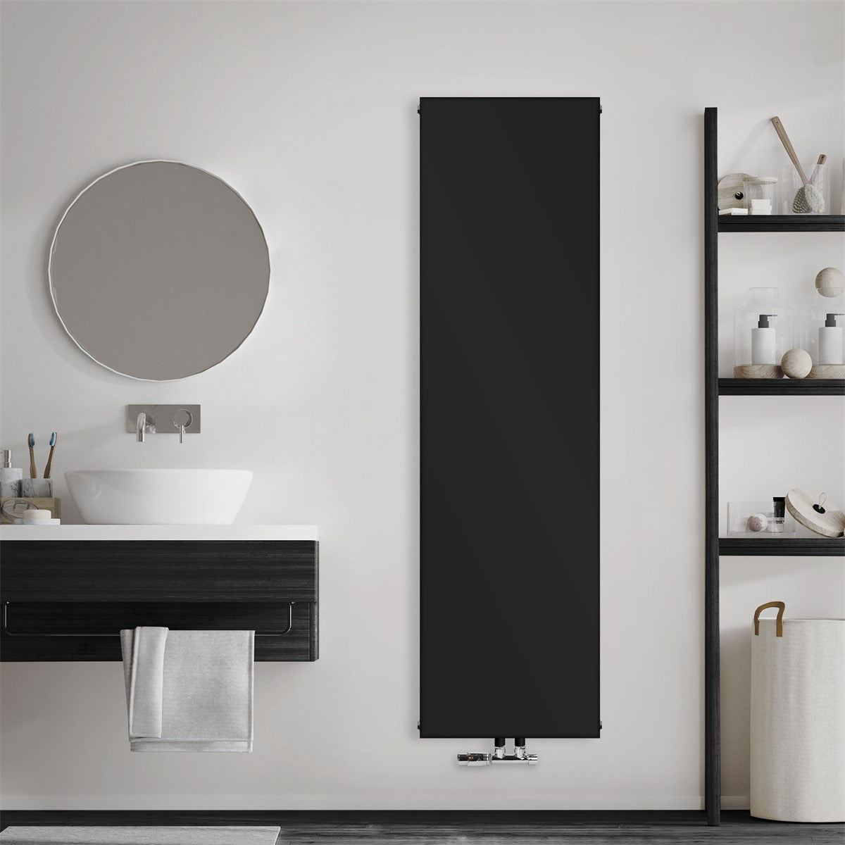 Radiador preto numa parede de uma casa de banho moderna.