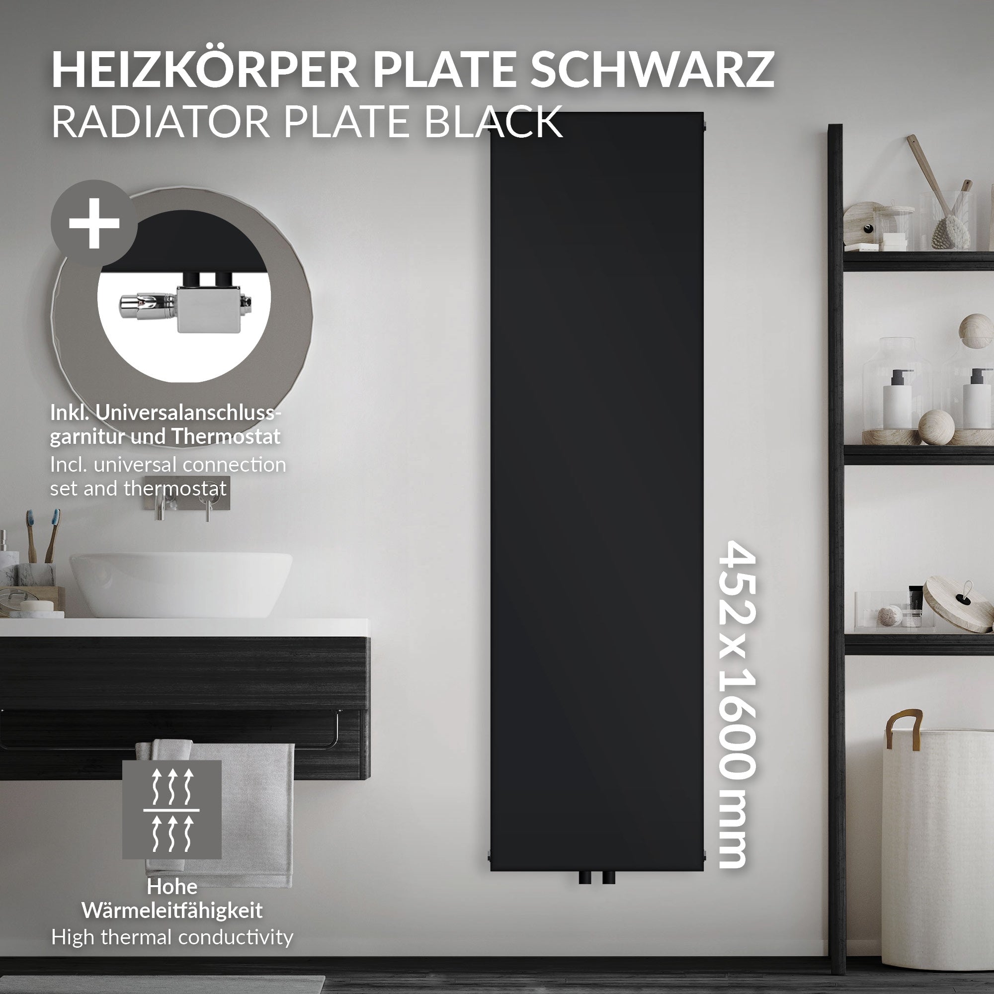 Schwarze Heizkörperplatte an einer Wand, mit Zubehör und Thermostat.