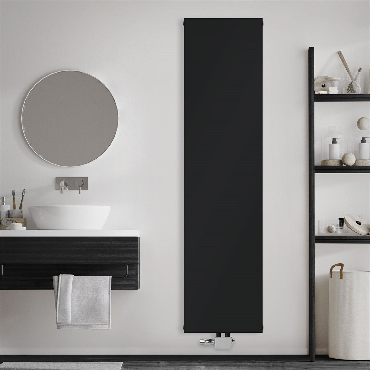 Radiador de painel preto na parede, sem toalheiro.