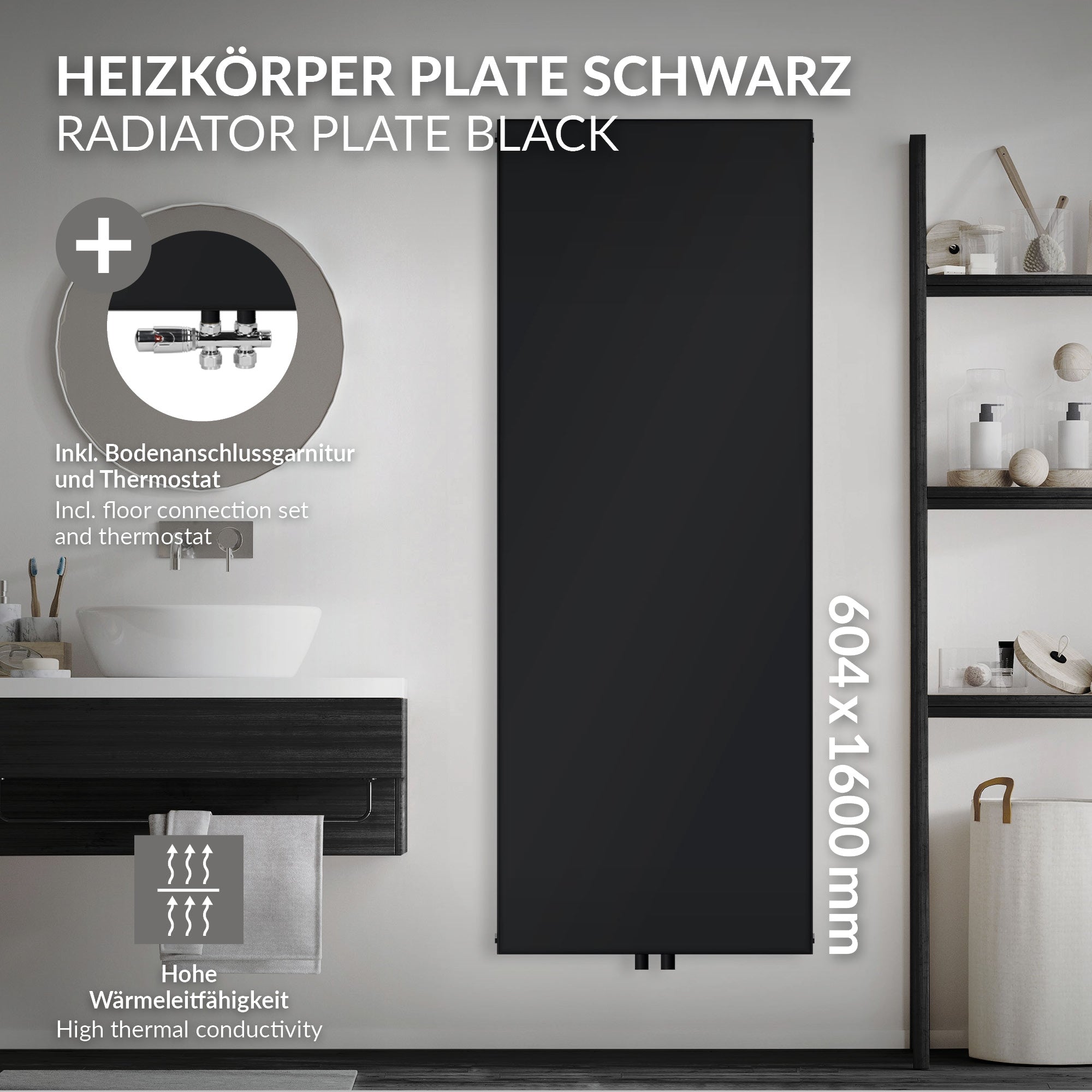 Schwarze Heizkörperplatte mit Abmessungen 604x1600 mm.