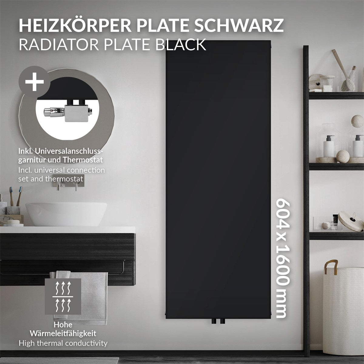 Czarny grzejnik płytowy o wymiarach 604 × 1600 mm w łazience.