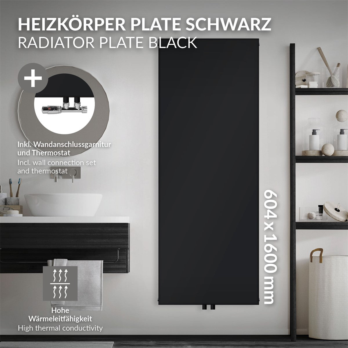 Panneau de radiateur noir avec raccord chromé et thermostat.