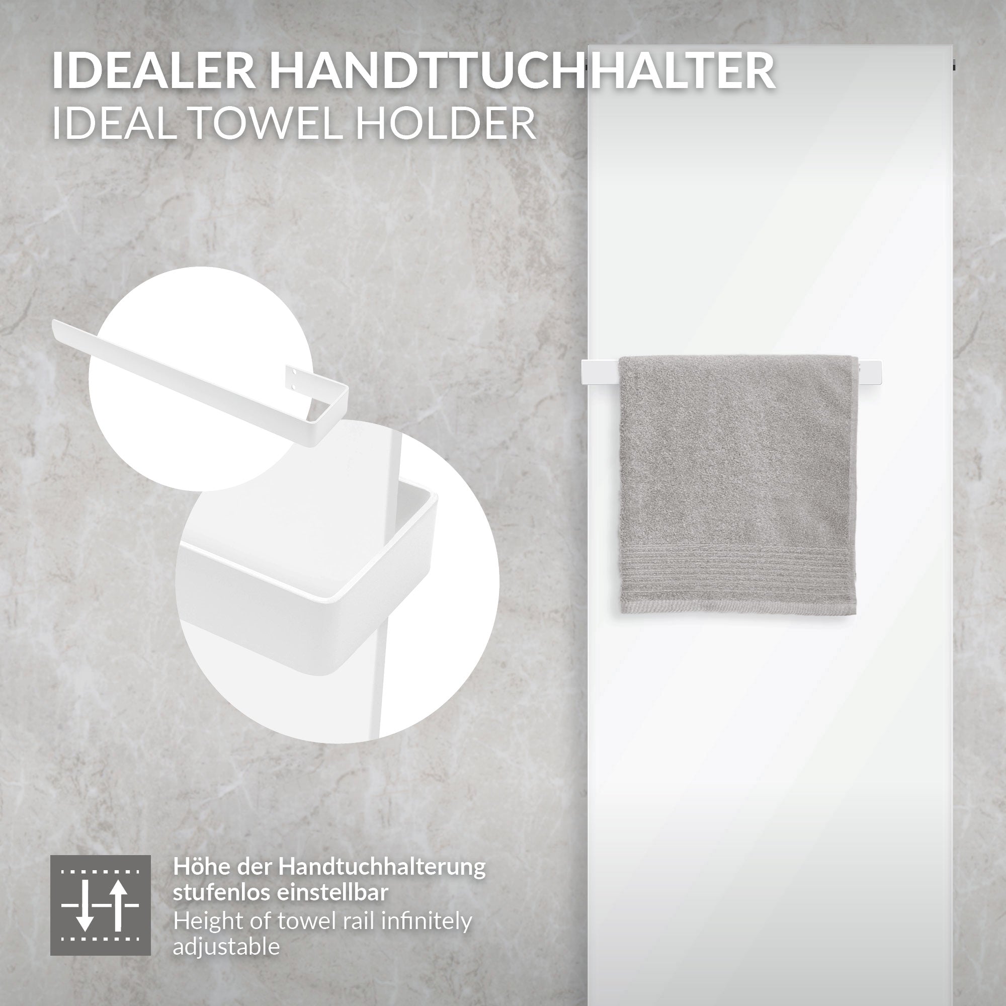 Weißer Handtuchhalter mit einem grauen Handtuch.
