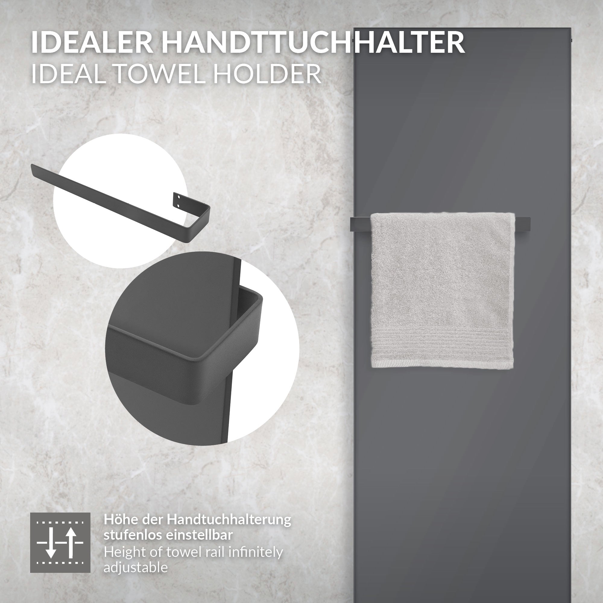 Anthrazitfarbener Handtuchhalter mit einstellbarer Höhe.