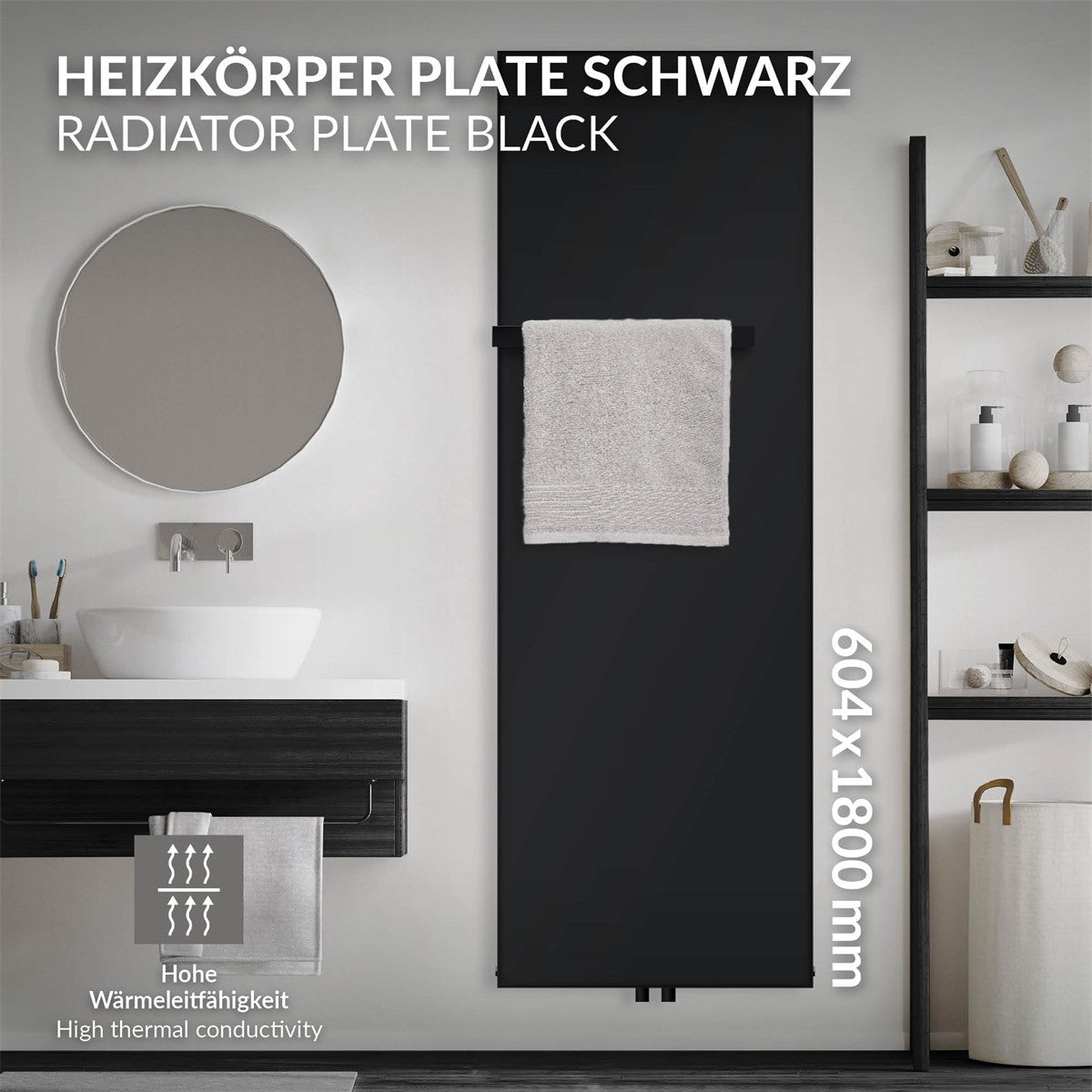 Zwart radiatorpaneel met handdoekhouder, afmetingen 604 × 1800 mm.