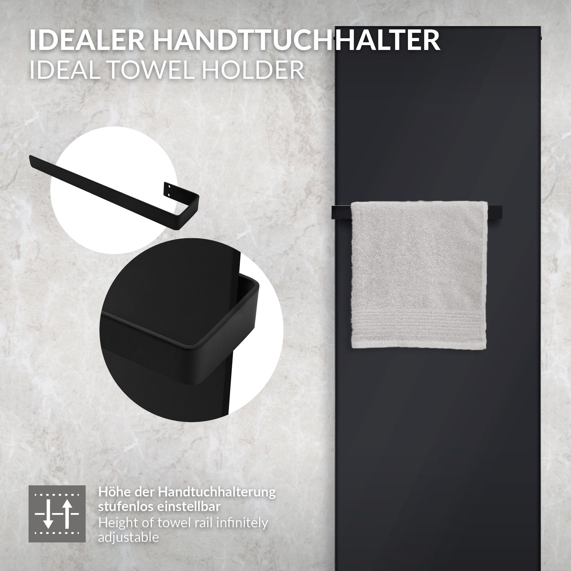 Schwarzer Handtuchhalter mit Handtuch, Höhe stufenlos einstellbar.