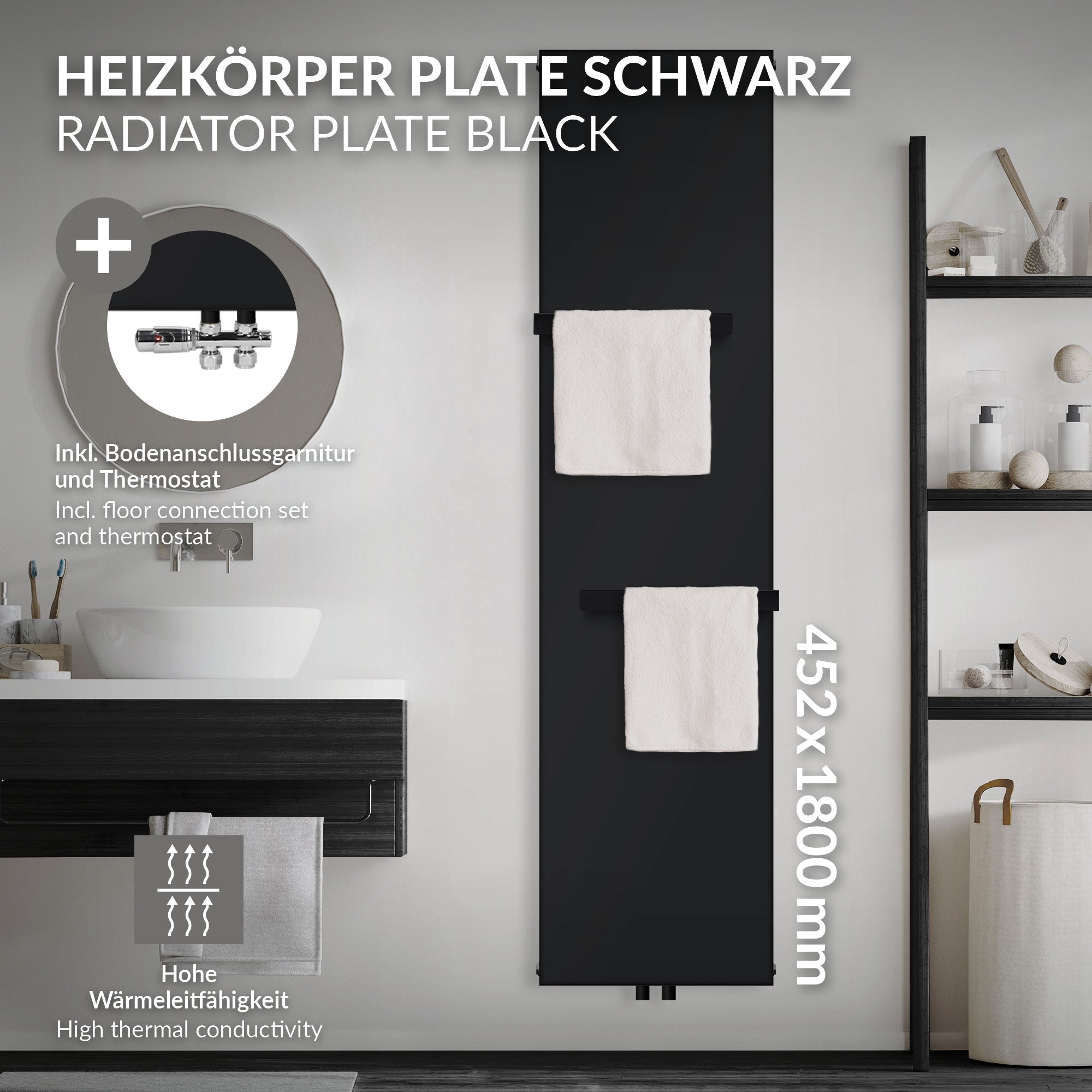 Schwarzer Heizkörper mit Handtuchhaltern im Badezimmer.