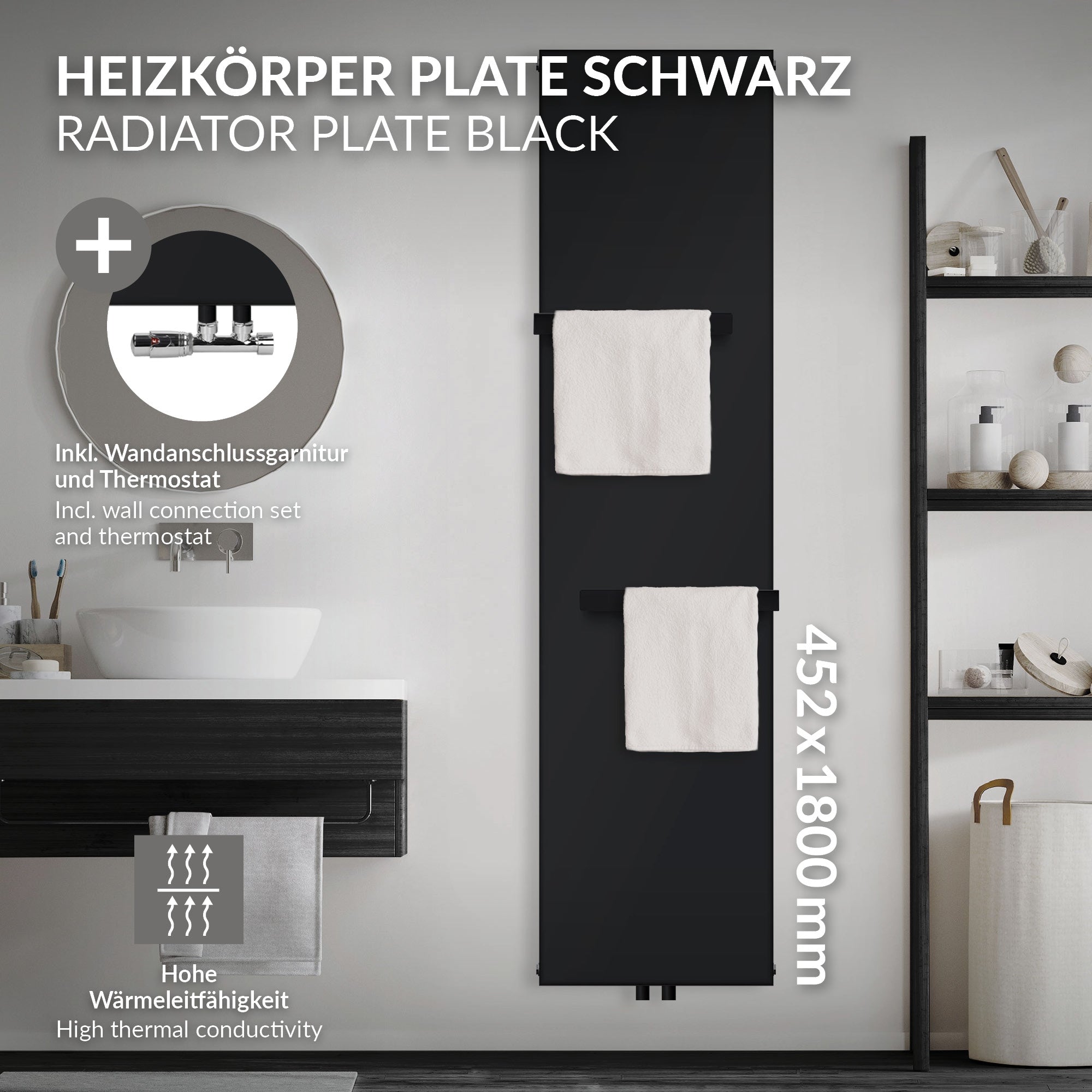 Schwarzer Heizkörper mit zwei Handtuchhaltern und Thermostat.