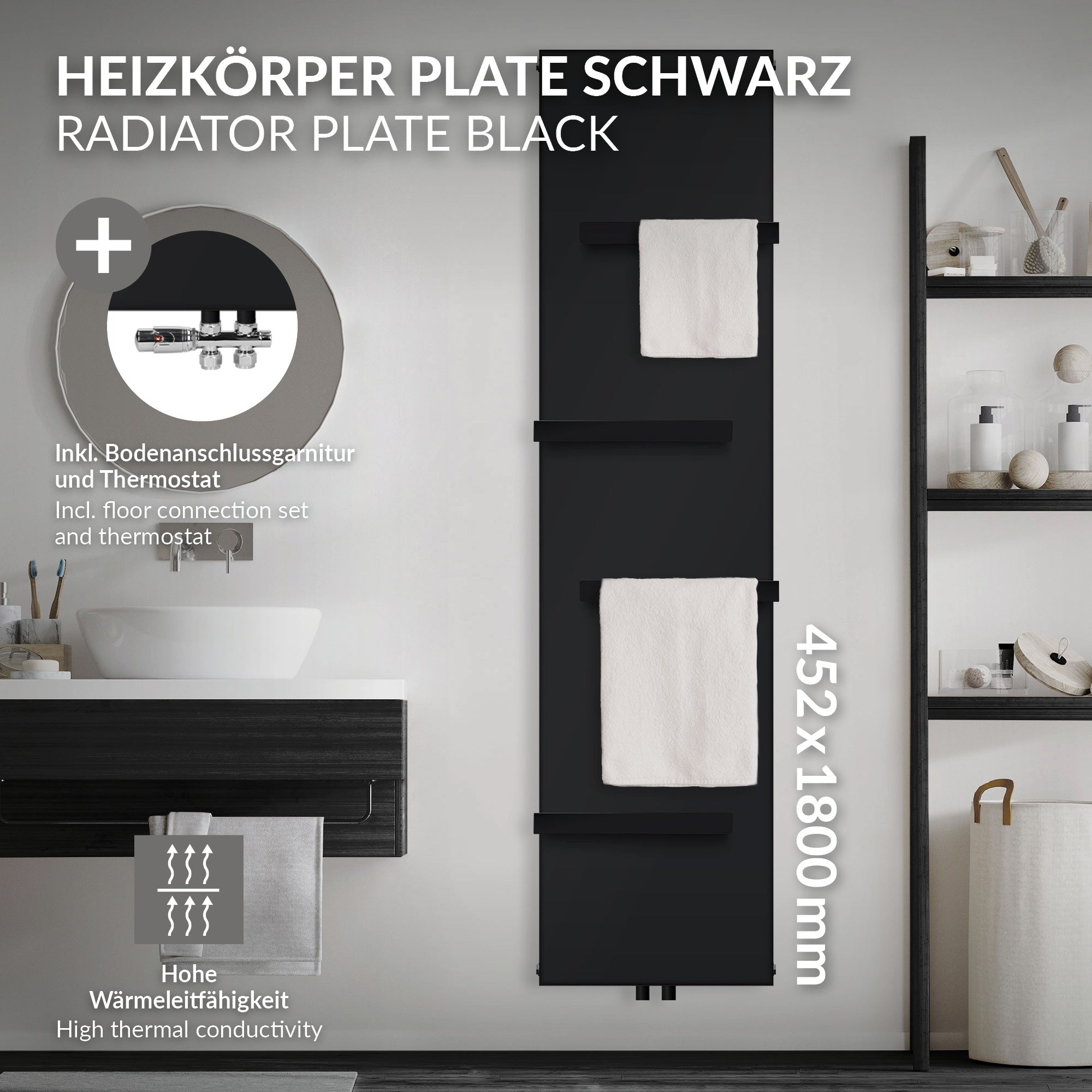 Schwarzer Heizkörper mit zwei Handtuchhaltern und Chrom-Details.