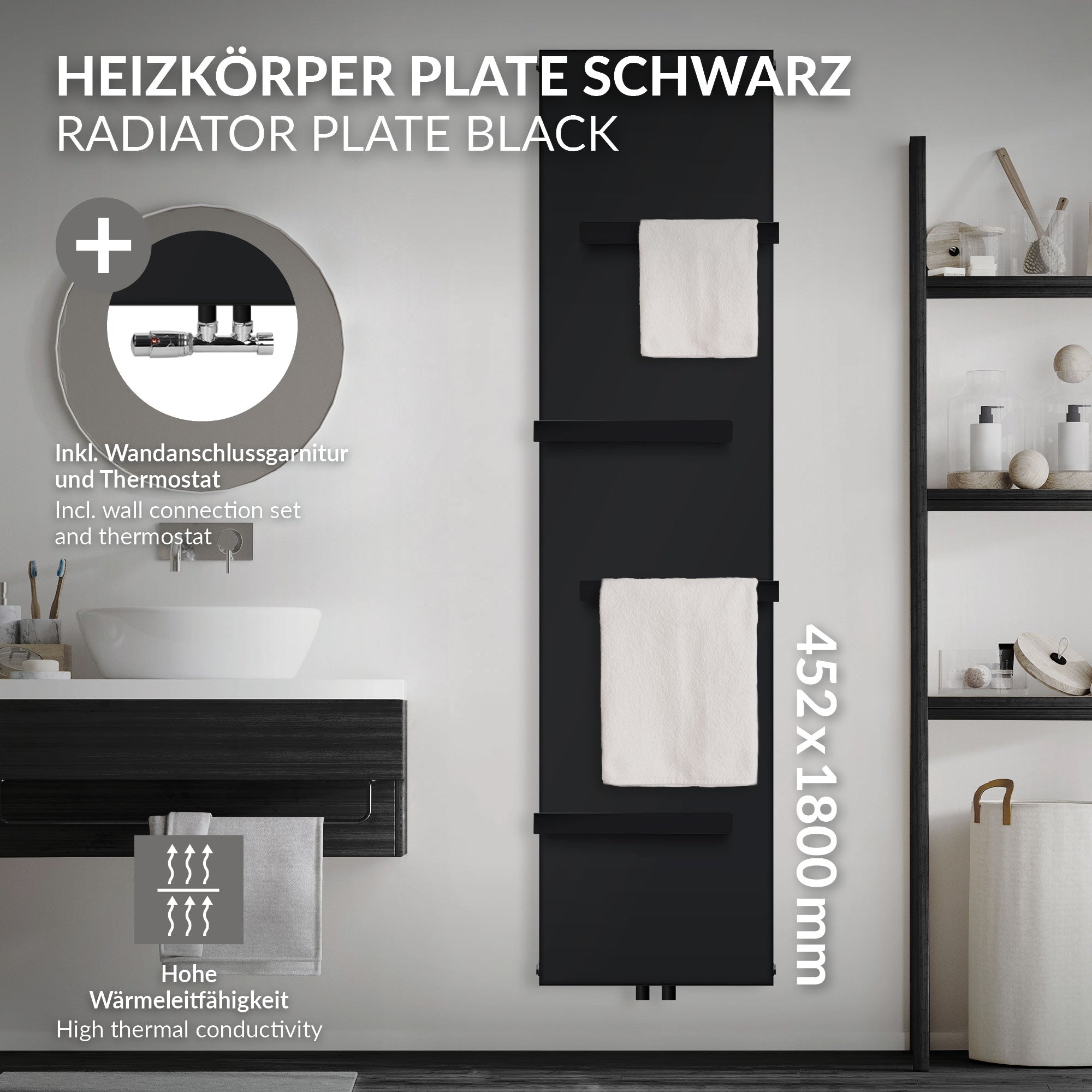 Schwarze Heizkörperplatte mit Handtuchhaltern, 452x1800 mm.