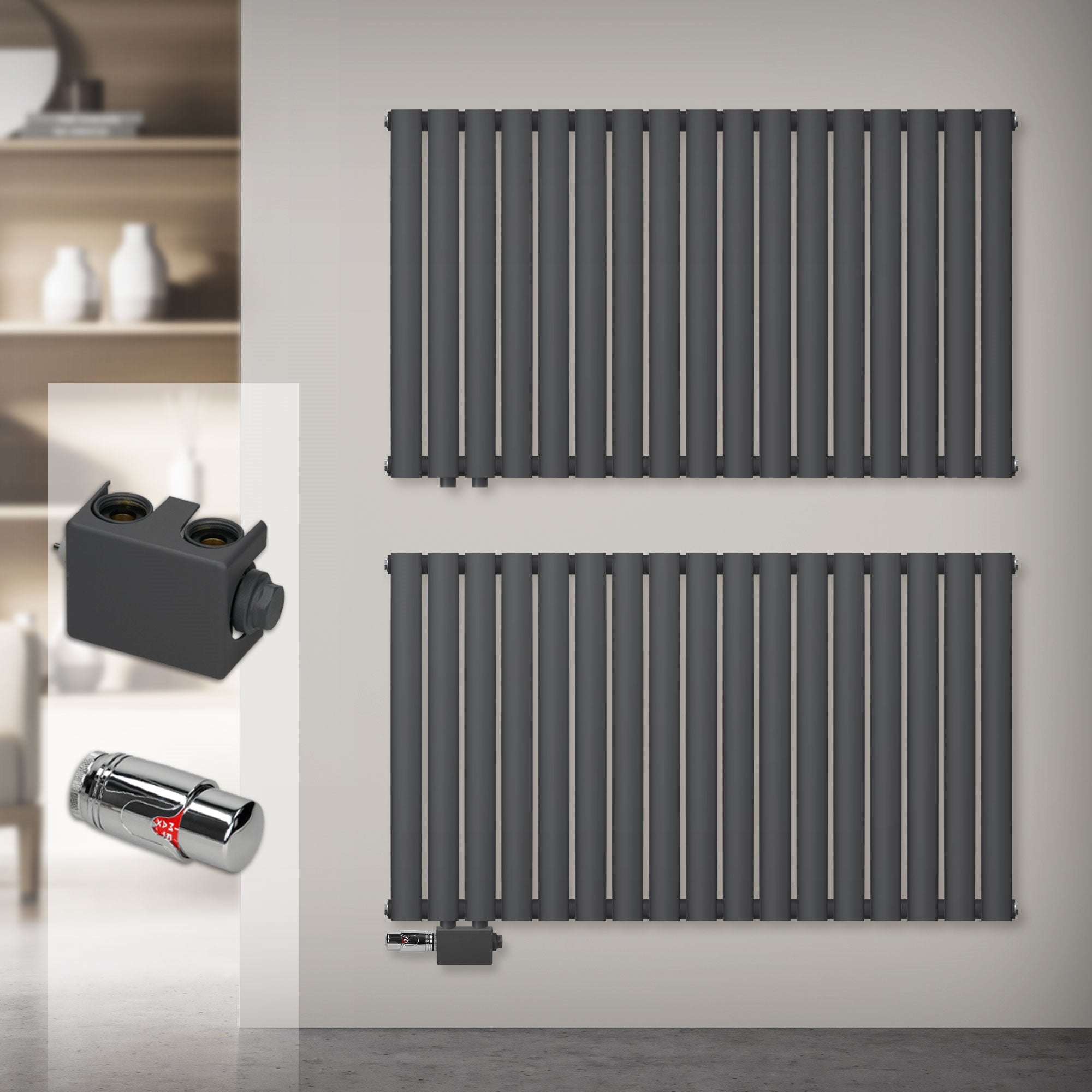 Two anthracite-colored radiators on a wall, with valve and thermostat.