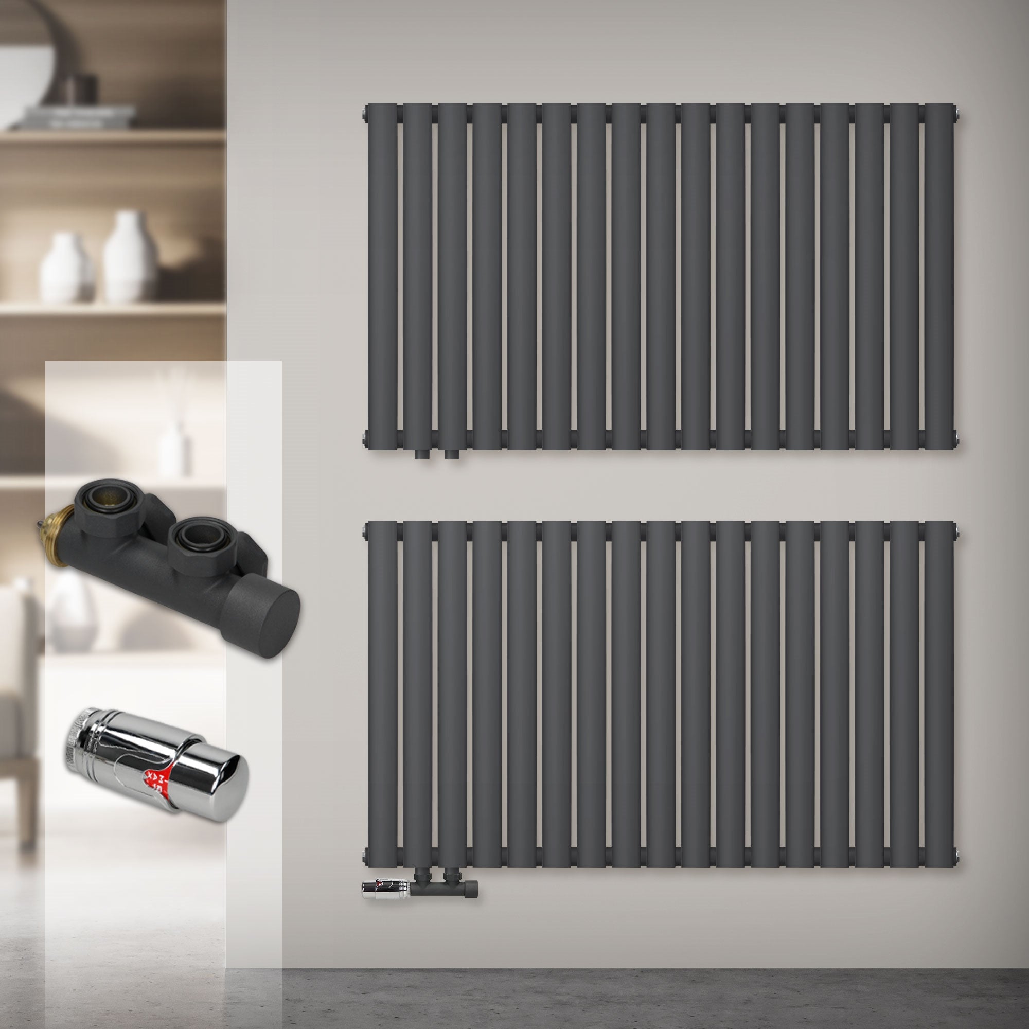 Two anthracite radiators on a wall, with accessories in the foreground.