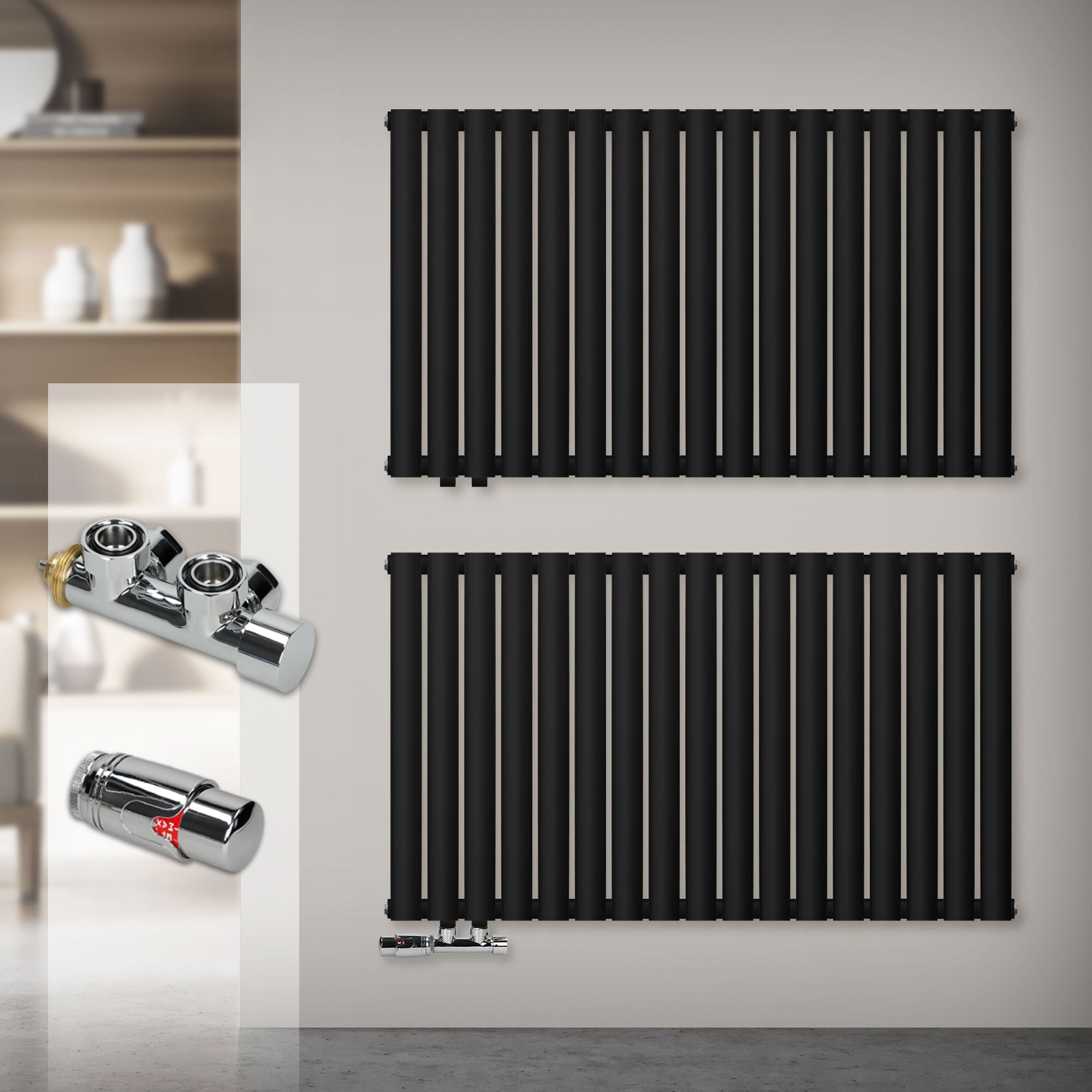 Zwei schwarze Heizkörper an einer Wand, darunter Armaturen.
