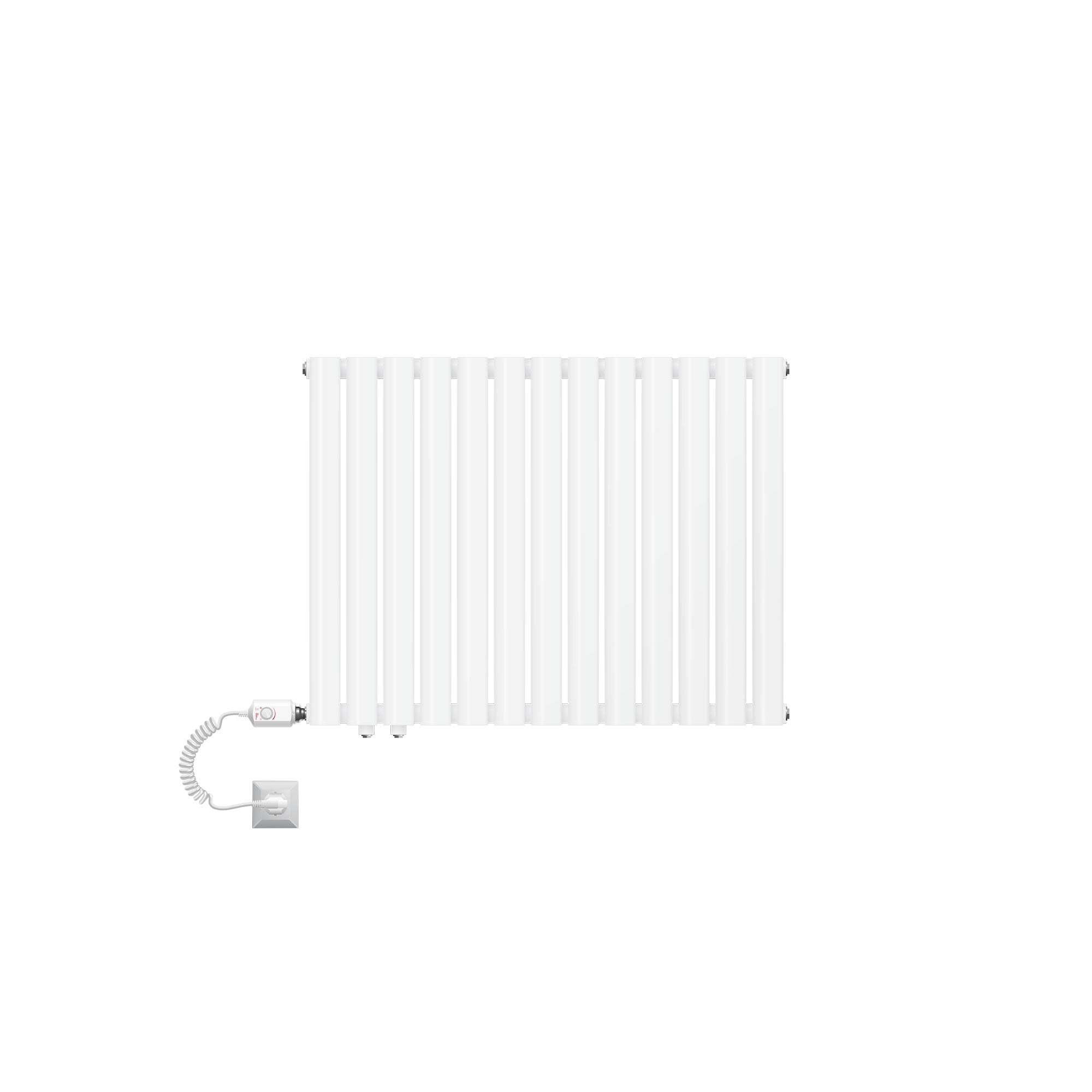 White radiator with electric rod on a white background.