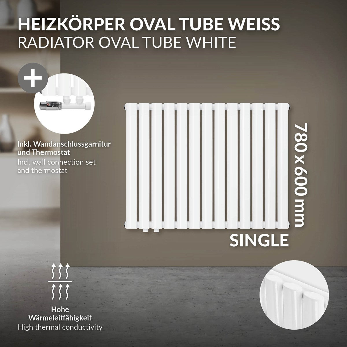 Vit radiator med vägganslutning och termostat, 780 × 600 mm.