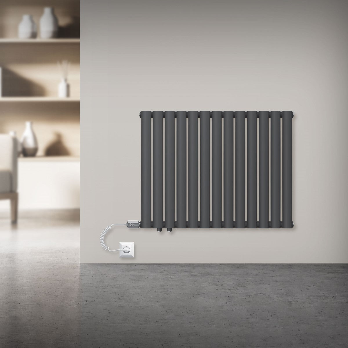 Calorifer de culoare antracit cu conexiune electrică pe un perete.
