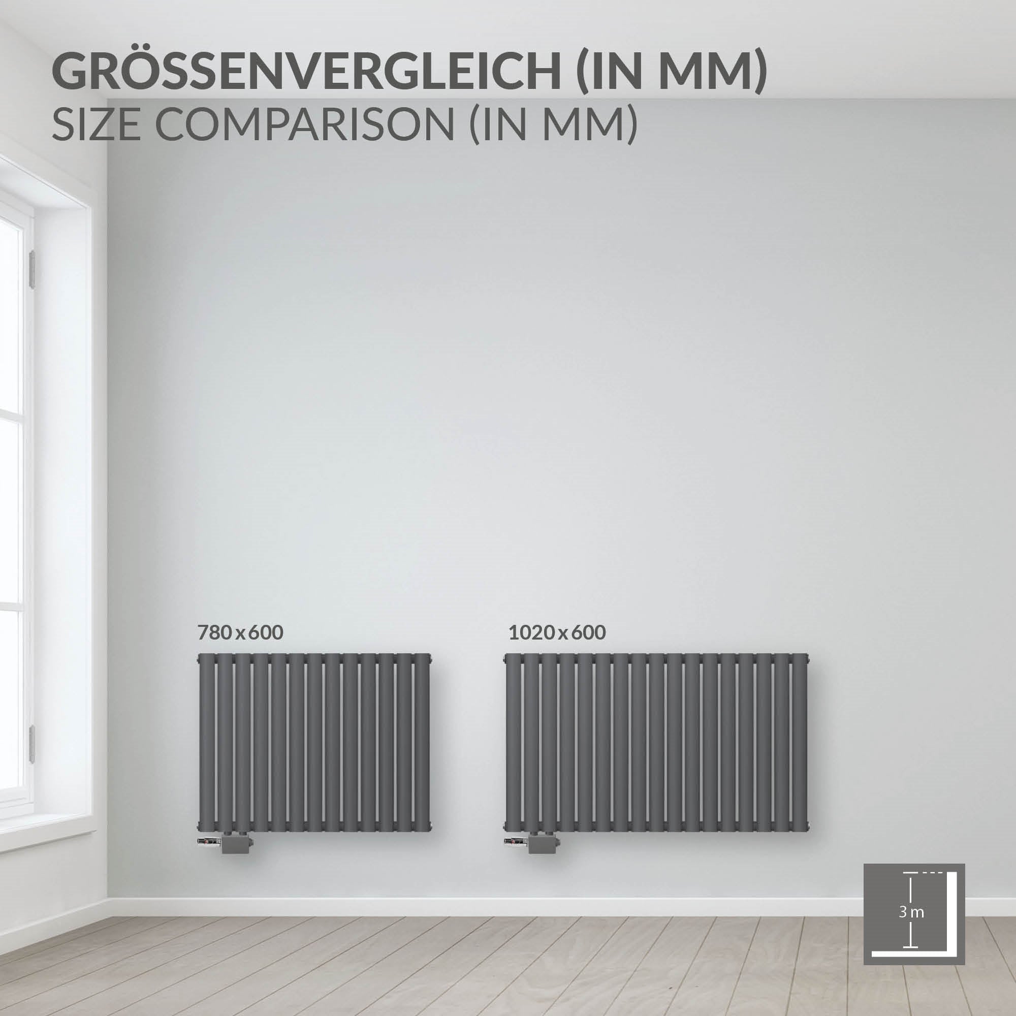 Anthracitfarvet radiator, sidevisning, 780x600 mm.