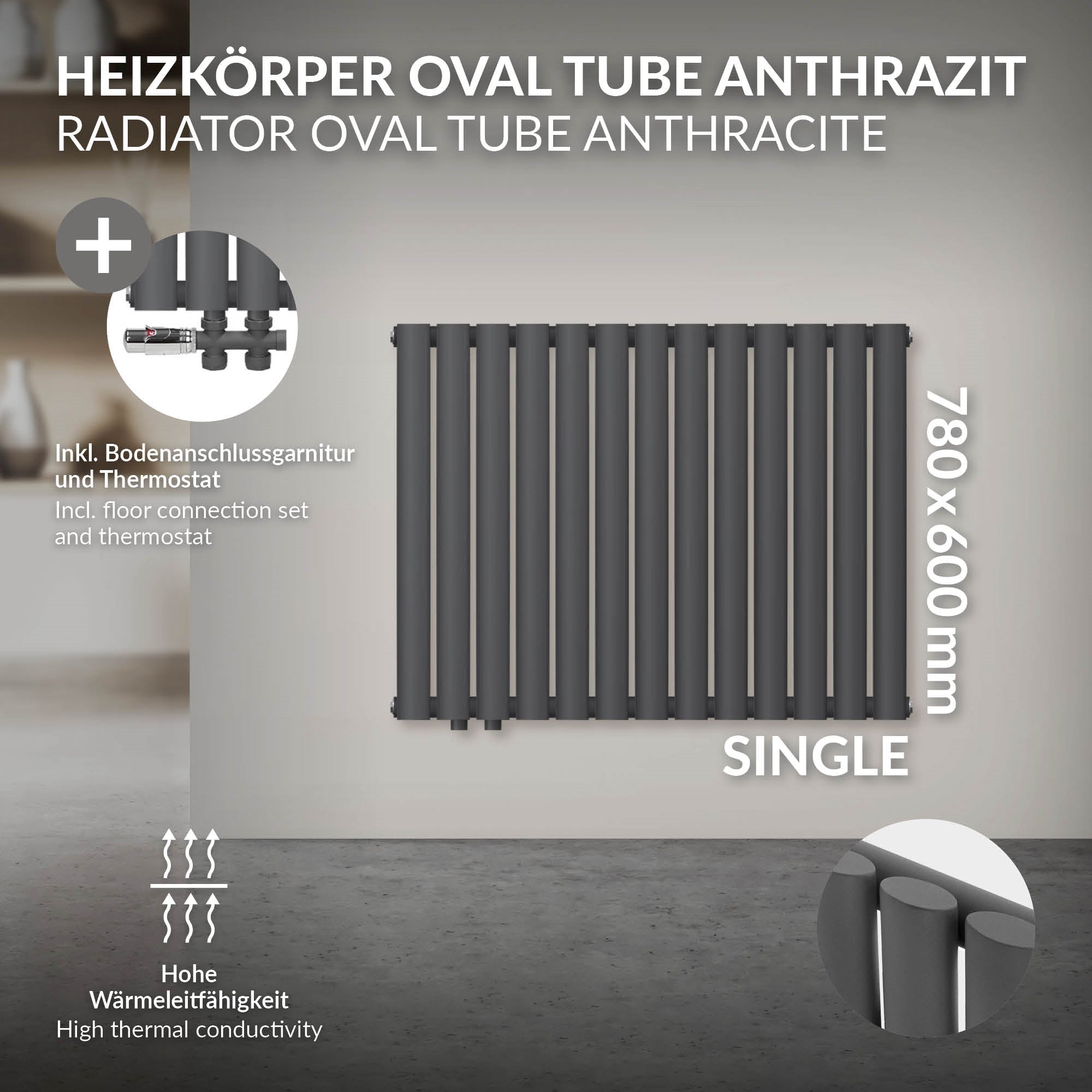 Anthrazitfarbener Heizkörper mit linksseitigem Anschluss, auf hellem Hintergrund.