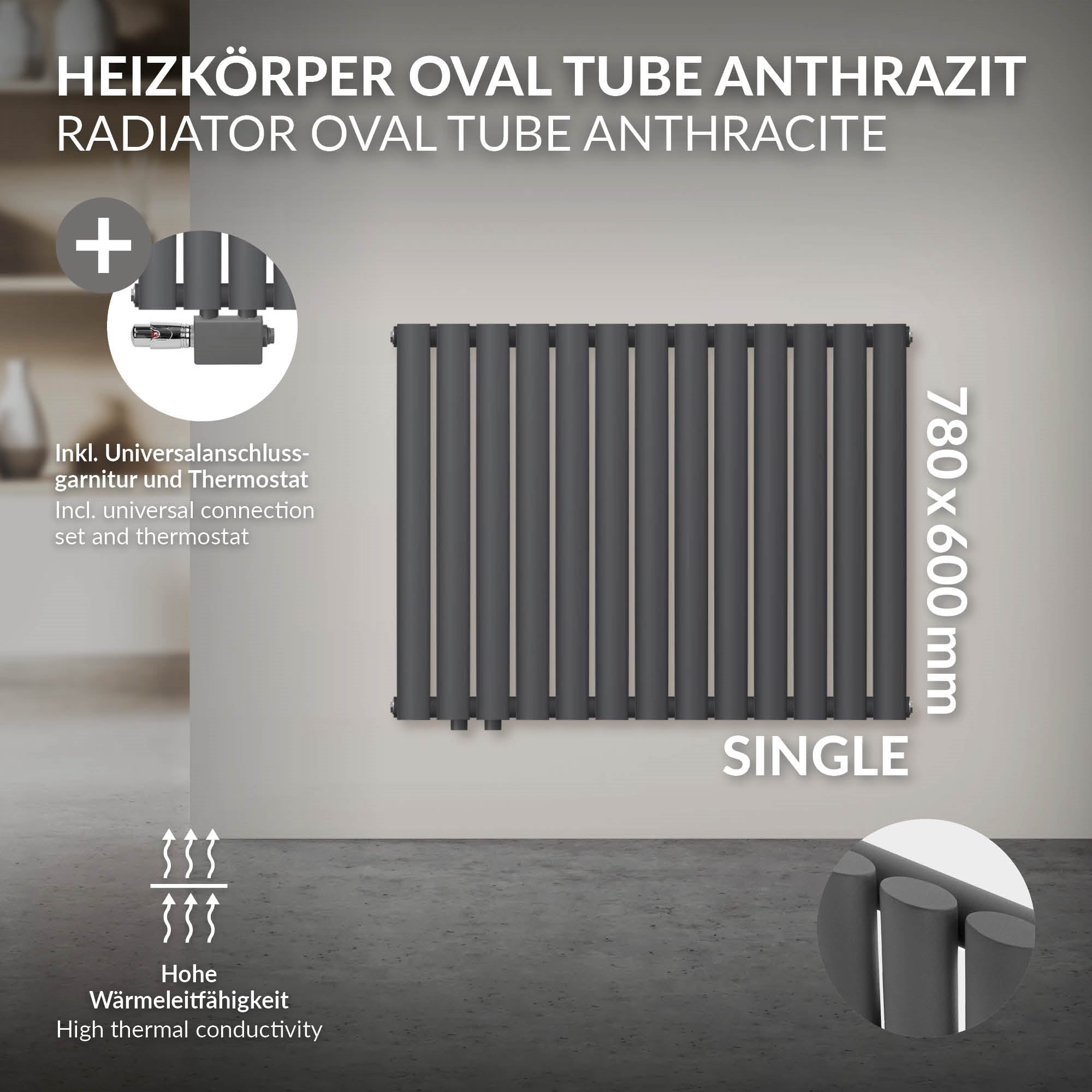 Anthracite-colored radiator with oval pipes, 780x600 mm.