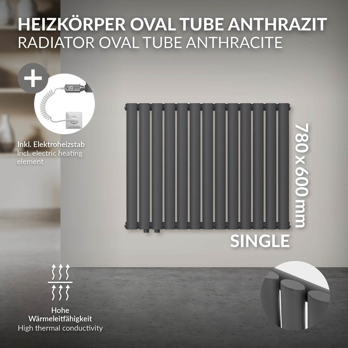 Calorifer Oval Tube de culoare antracit, 780x600 mm, cu rezistență electrică.