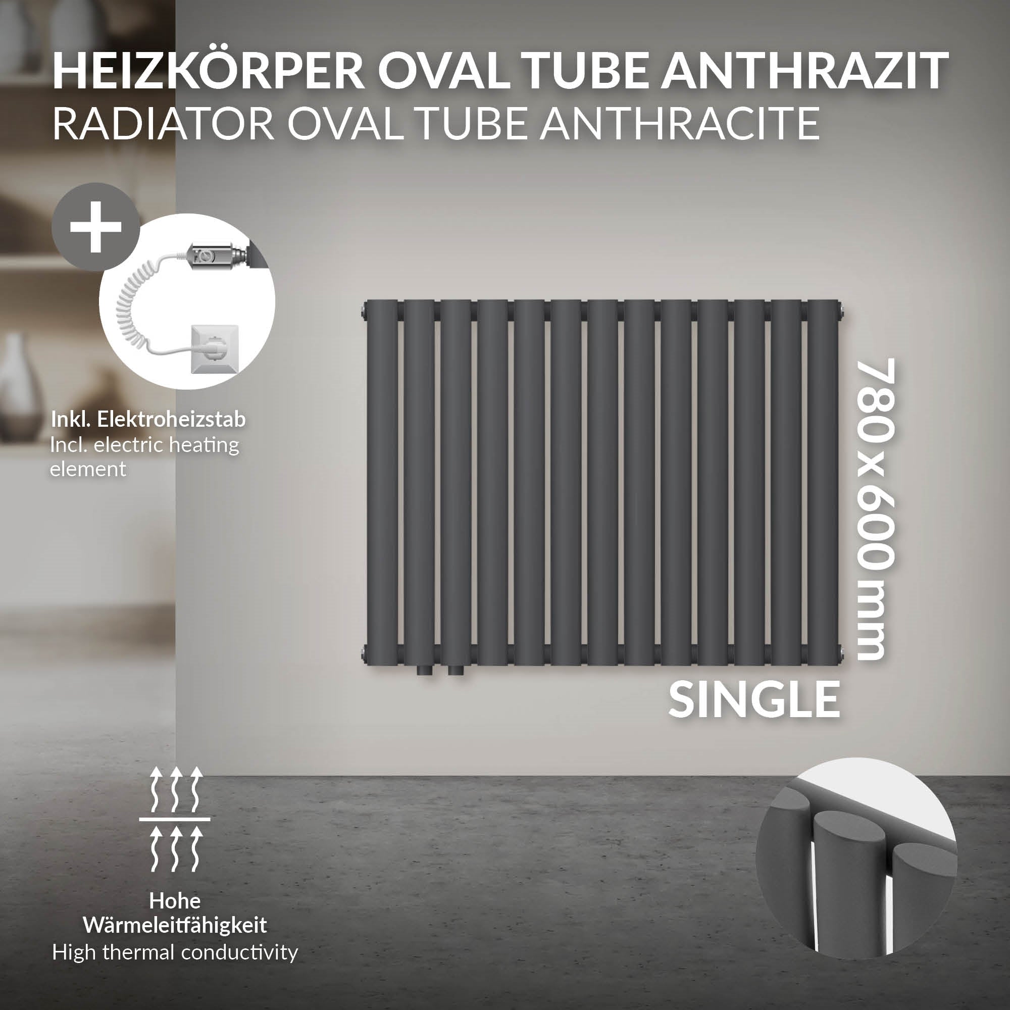 Radiator Oval Tube in anthracite, 780x600 mm, with electric heating element.