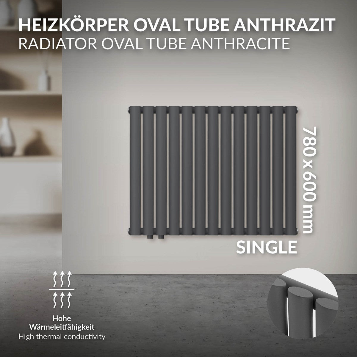 Antrasiitin värinen lämpöpatteri, jossa on soikeat putket, 780 × 600 mm.
