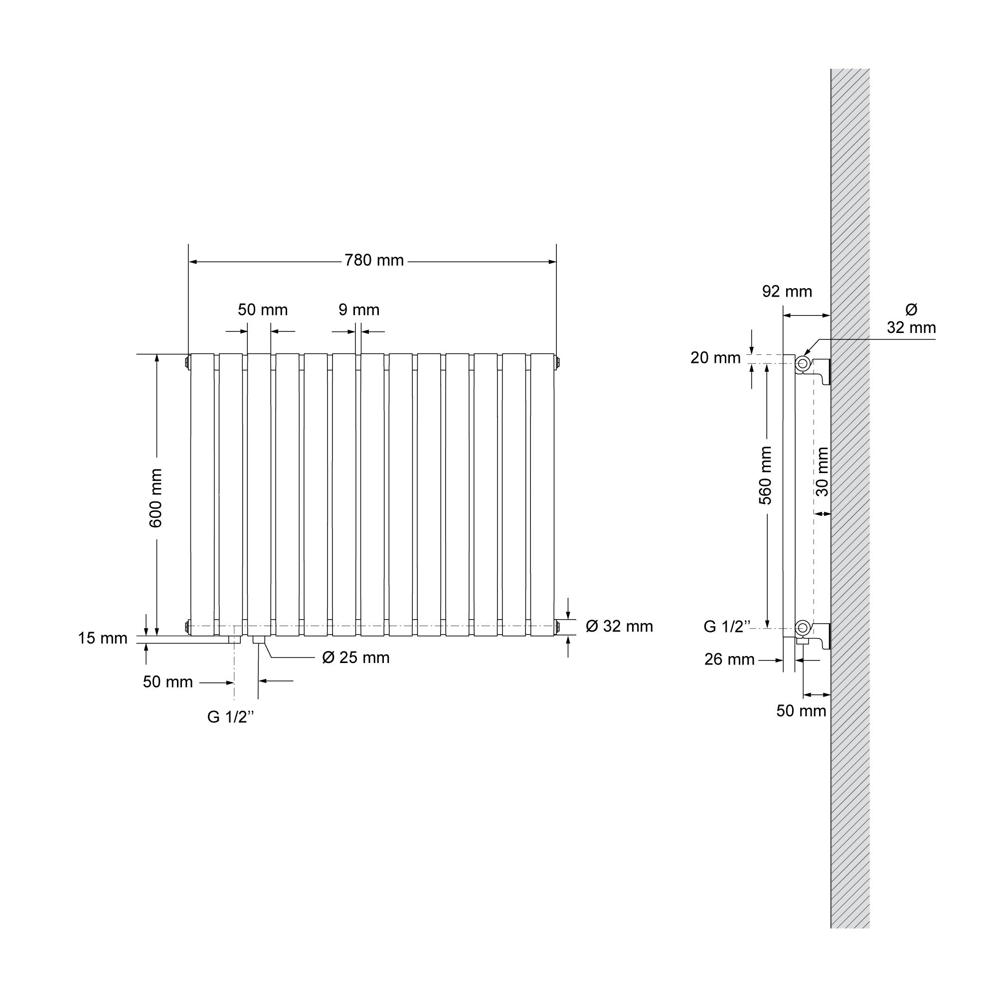 Technical drawing of a radiator with dimensions and connection details.