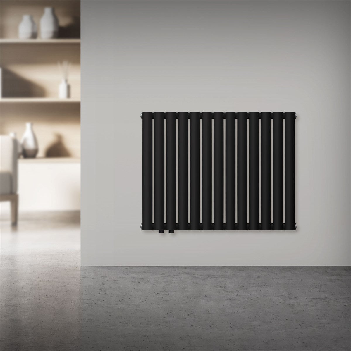 Radiador preto numa parede de uma divisão moderna.
