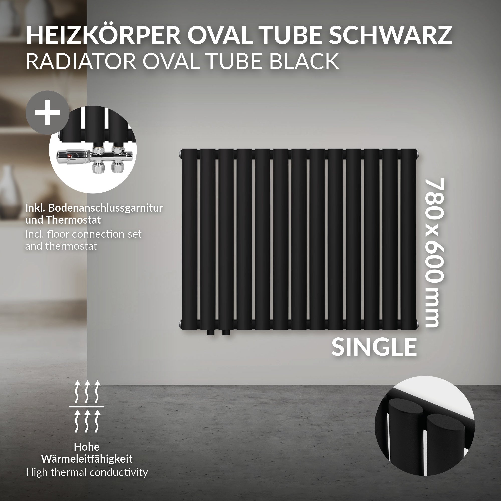 Schwarzer Heizkörper mit Thermostat, 780x600 mm, einfach.