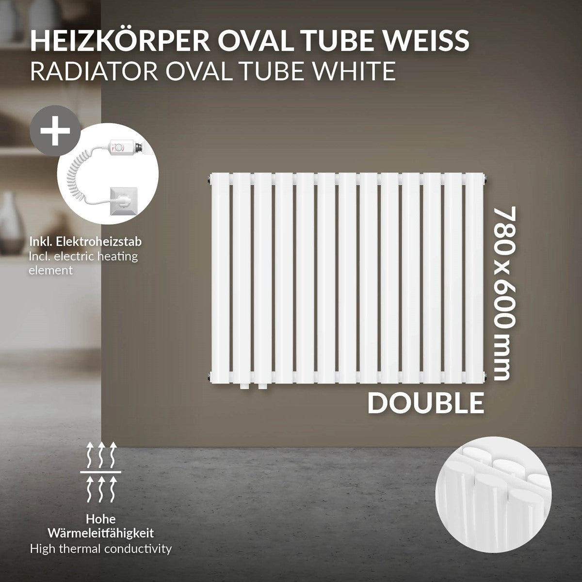 Bílý dvojitý radiátor s elektrickou topnou tyčí, 780 × 600 mm.