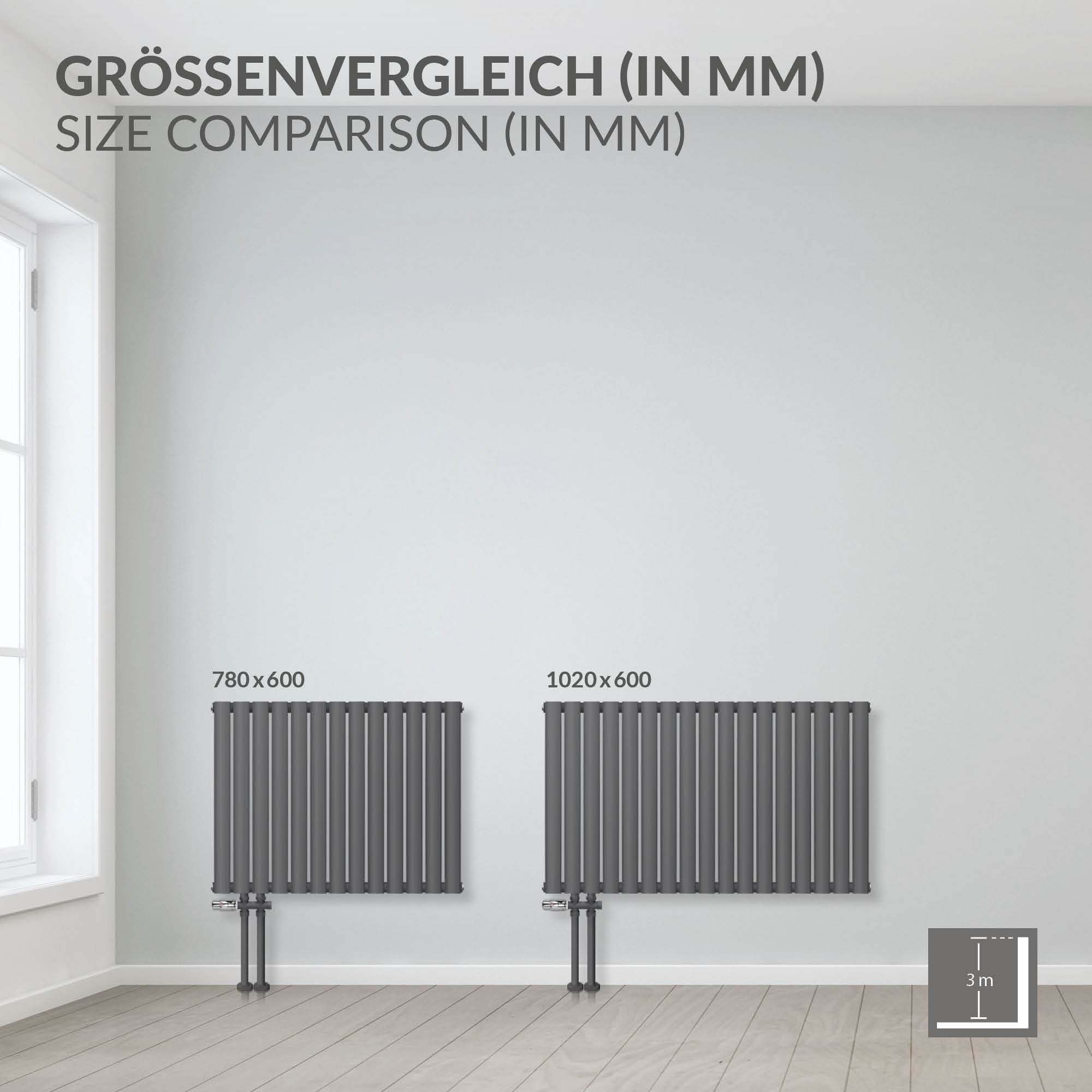 Anthrazitfarbener Heizkörper mit vertikalen Röhren im Größenvergleich.