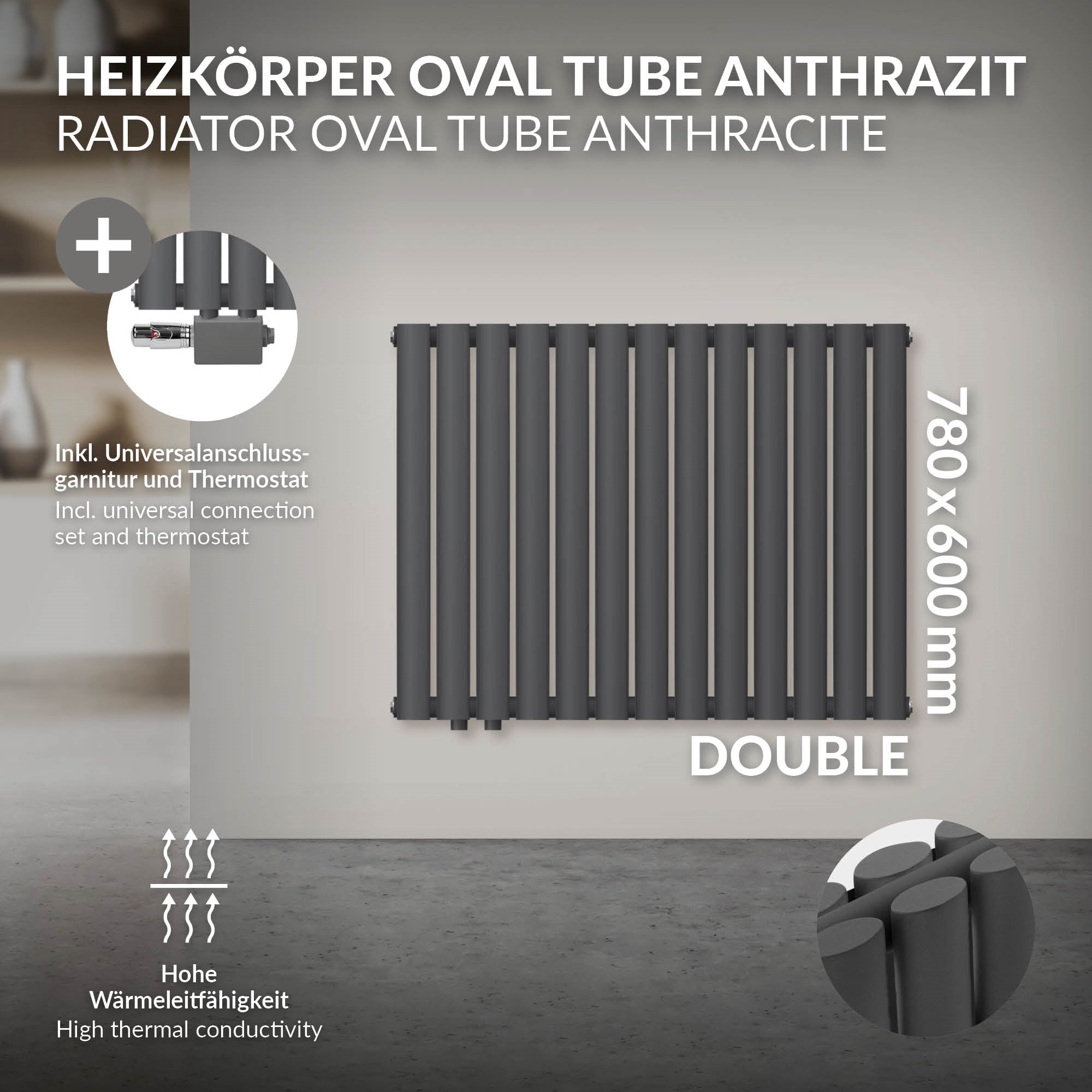 Graphic of a dark gray radiator with technical details.