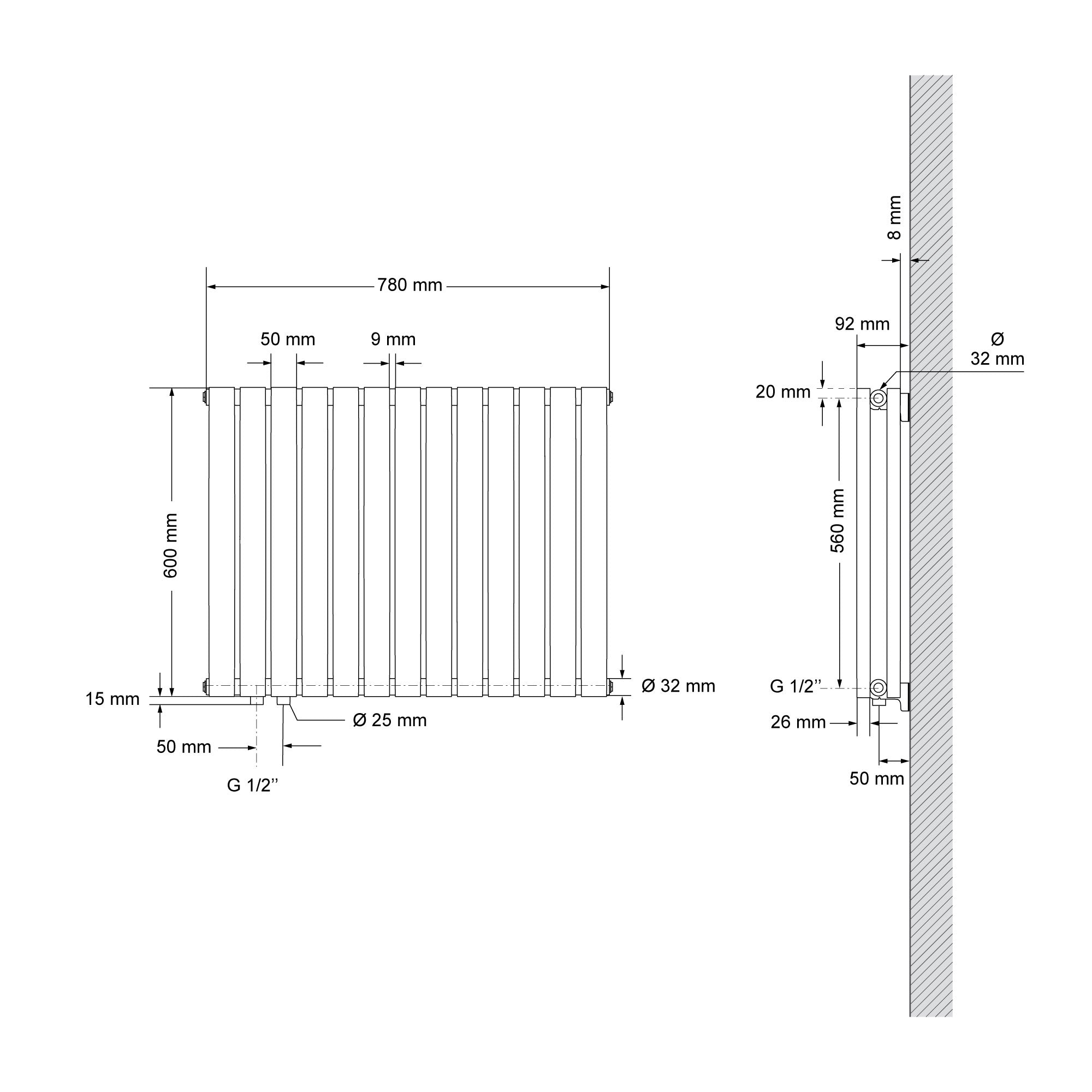 Technical drawing of a radiator with dimensions and connection details.