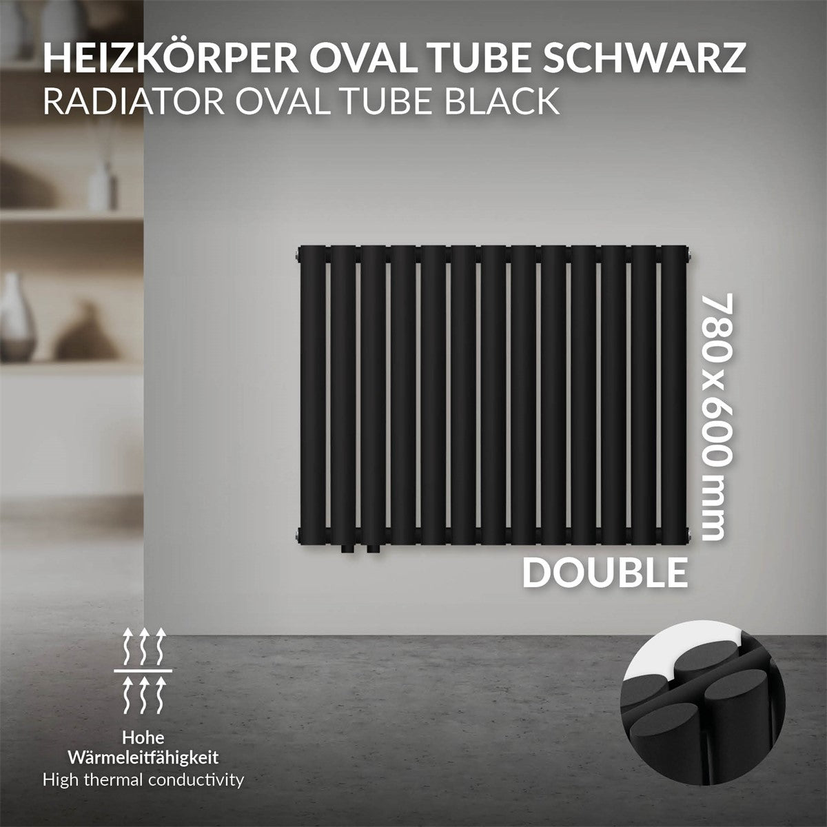 Schwarzer Heizkörper mit ovalen Rohren, ohne sichtbare Wand.