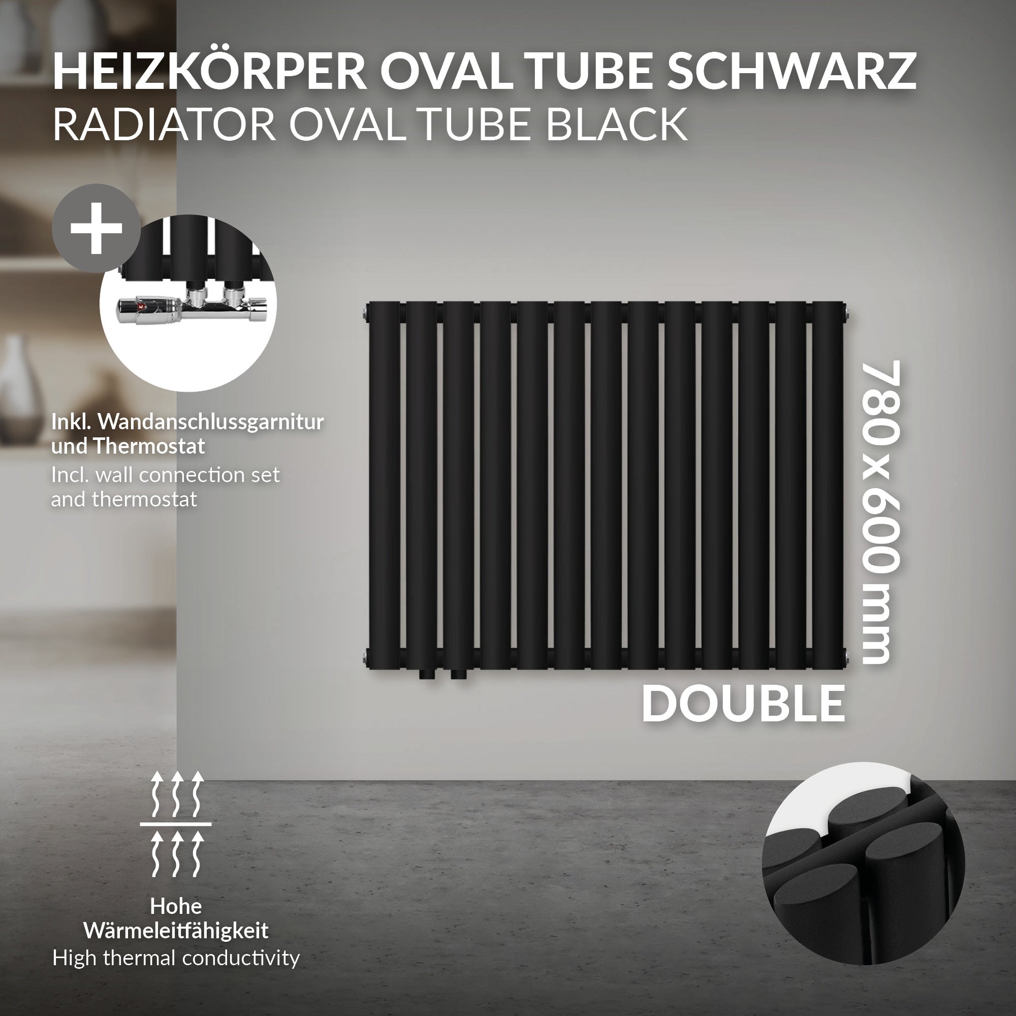 Schwarzer Heizkörper mit ovalen Rohren und Wandanschluss.