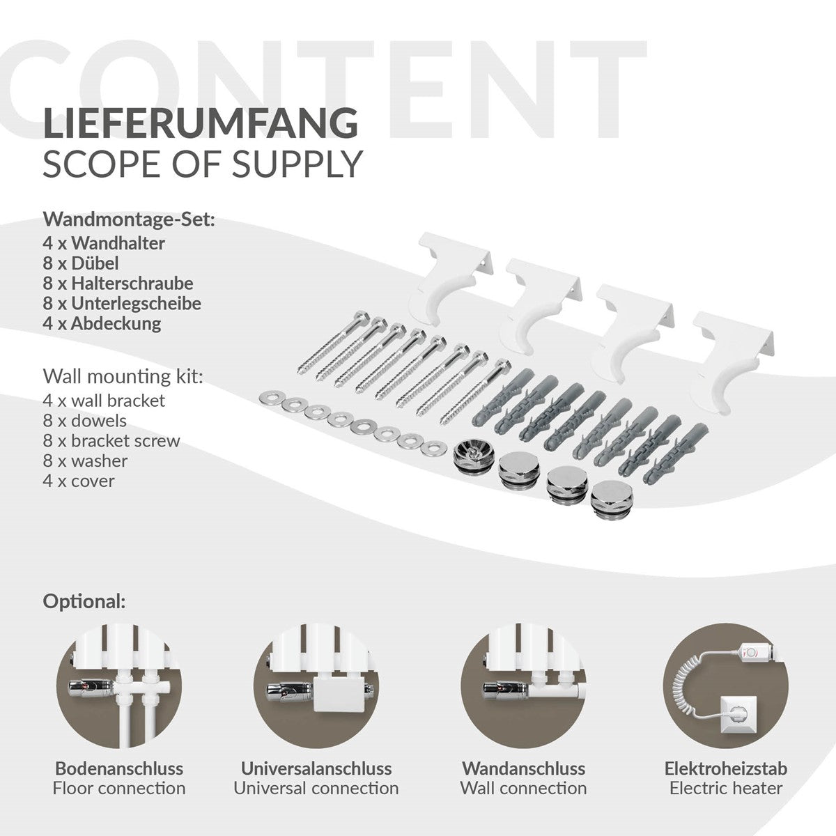 Set de montare pentru radiator cu diverse piese de fixare.