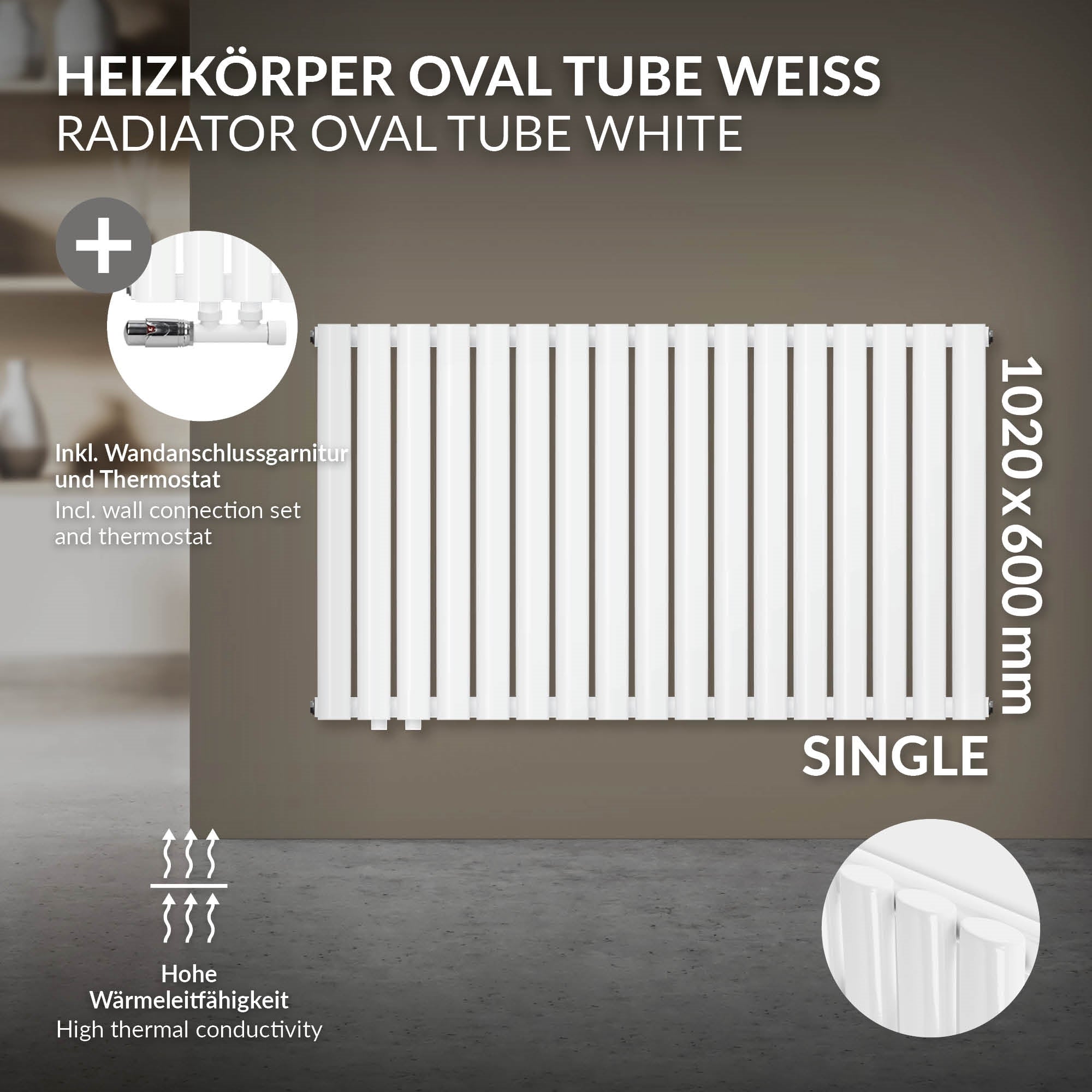 White radiator with oval tubes, 1020x600 mm, on a gray background.