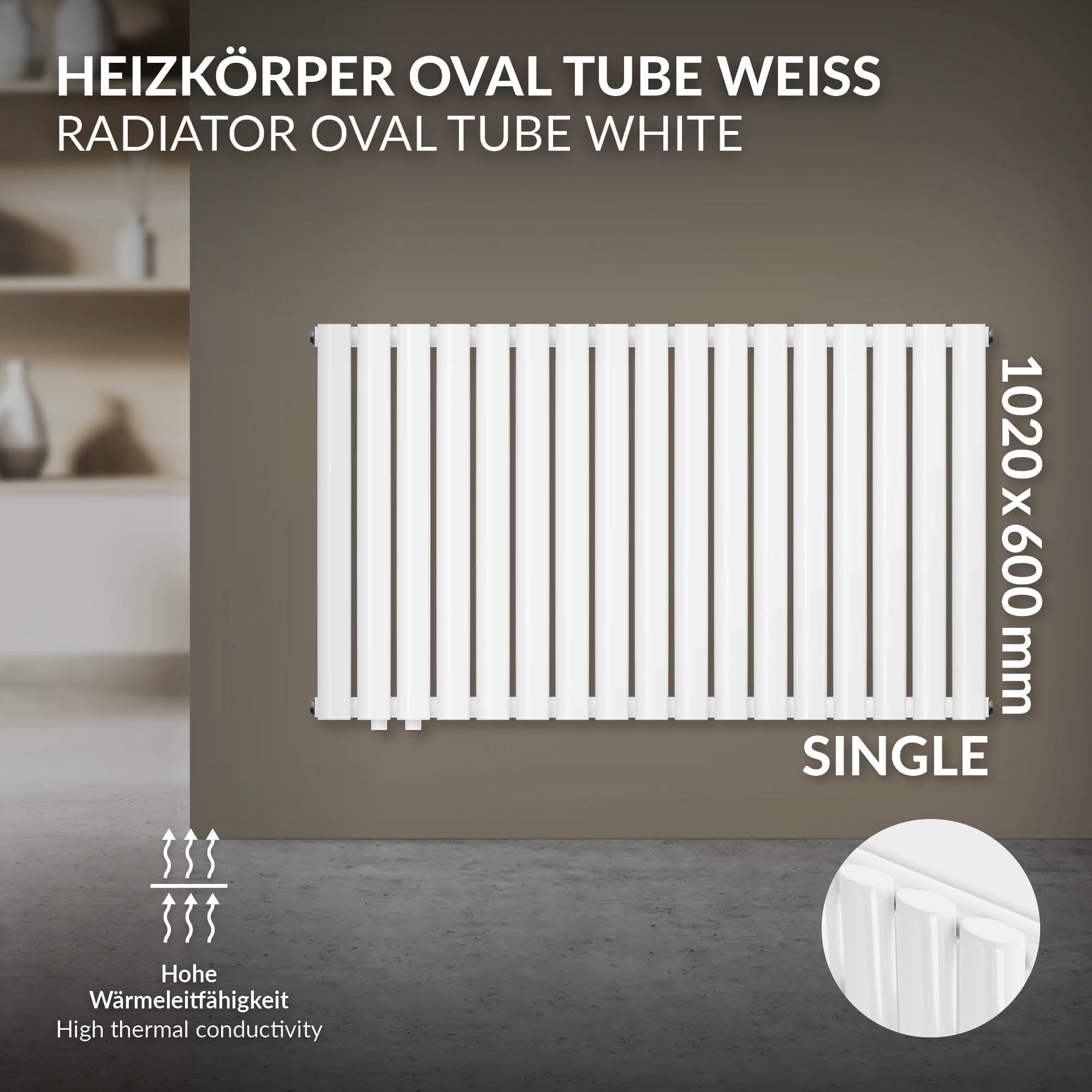 Weißer Heizkörper Oval Tube, 1020x600 mm, mit hoher Wärmeleitfähigkeit.