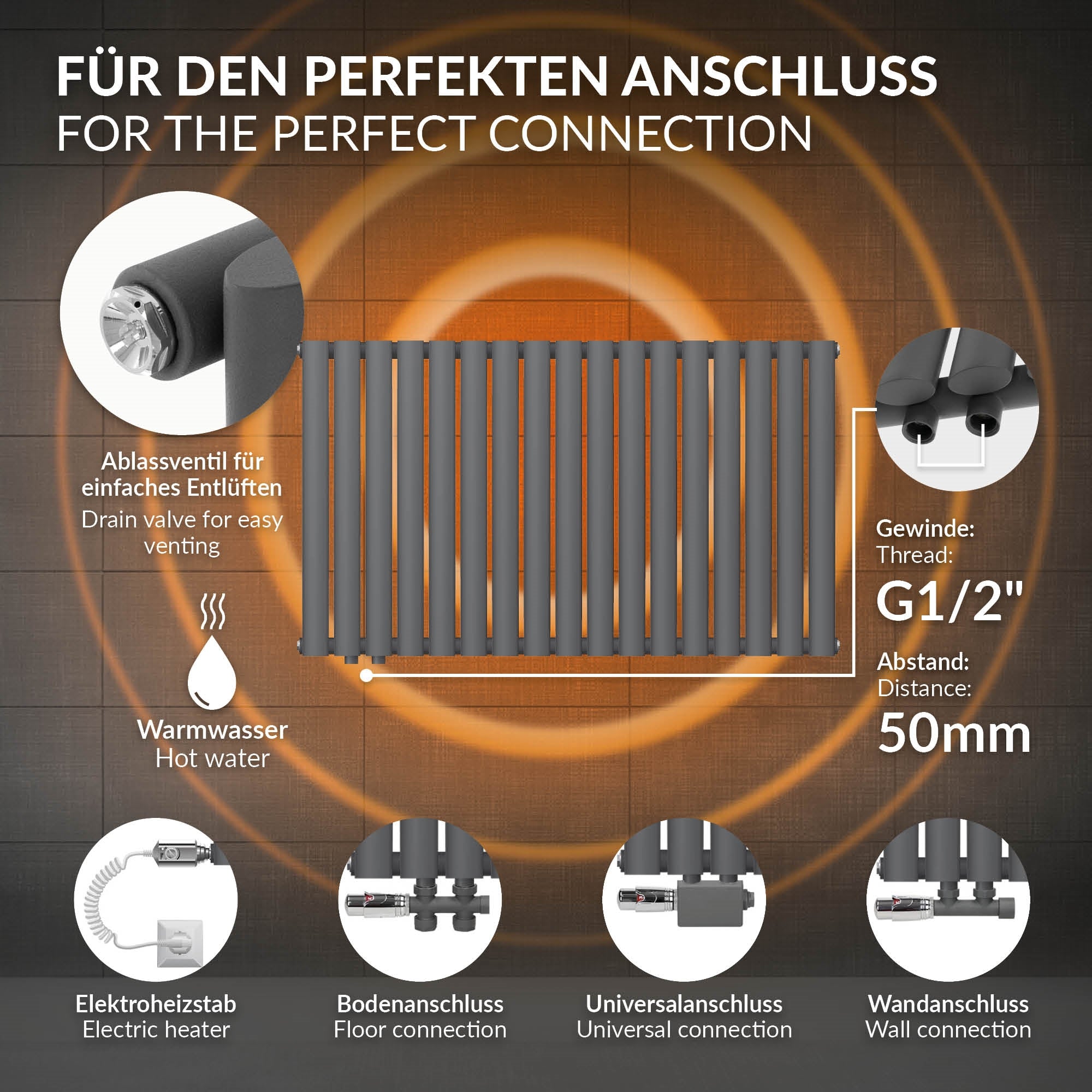 Anthrazitfarbener Heizkörper mit sichtbaren Anschlüssen.