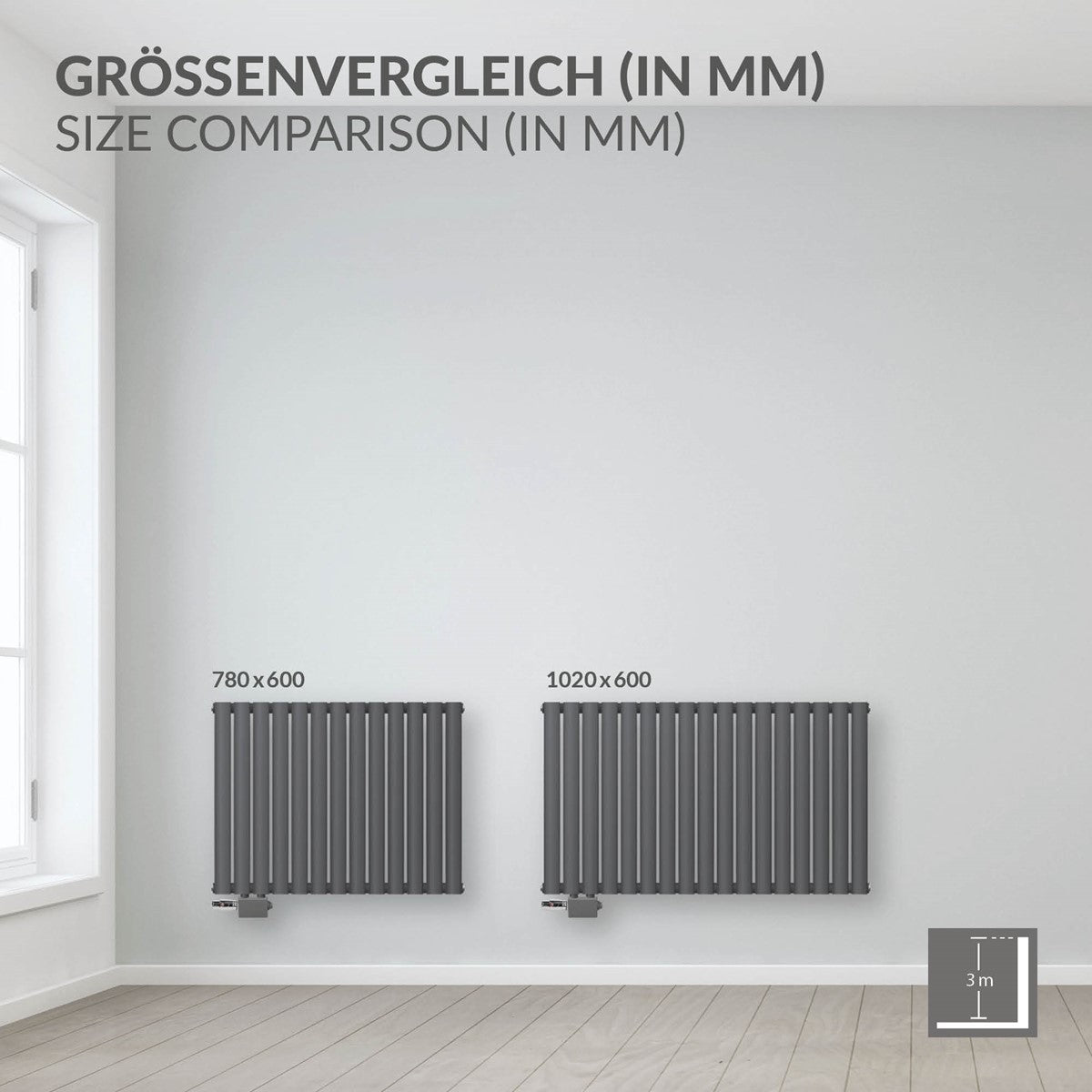 Radiateur anthracite avec dimensions et description du matériau.