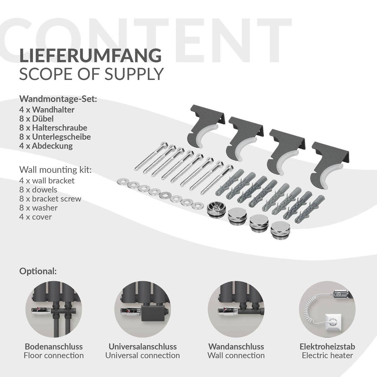 Contenu de la livraison avec différents éléments de montage pour un radiateur.