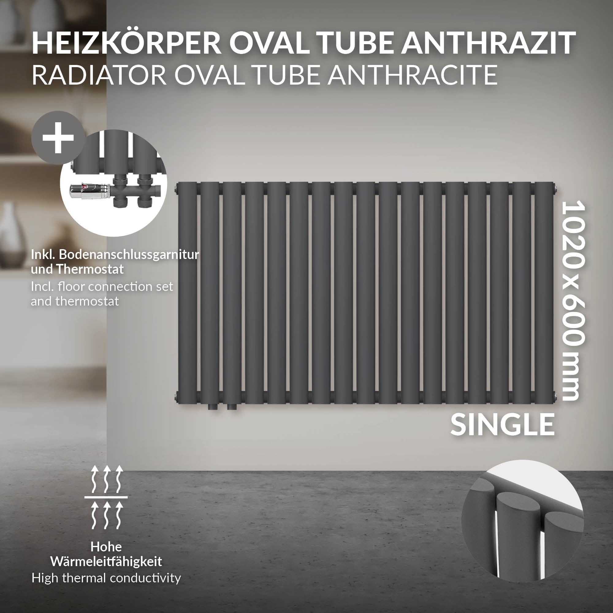 Anthracite radiator with technical details.