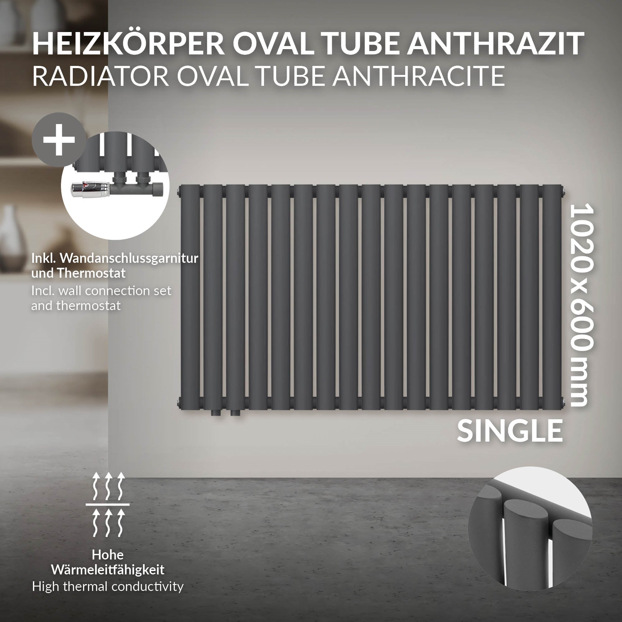 Anthracite radiator with wall connection and thermostat.