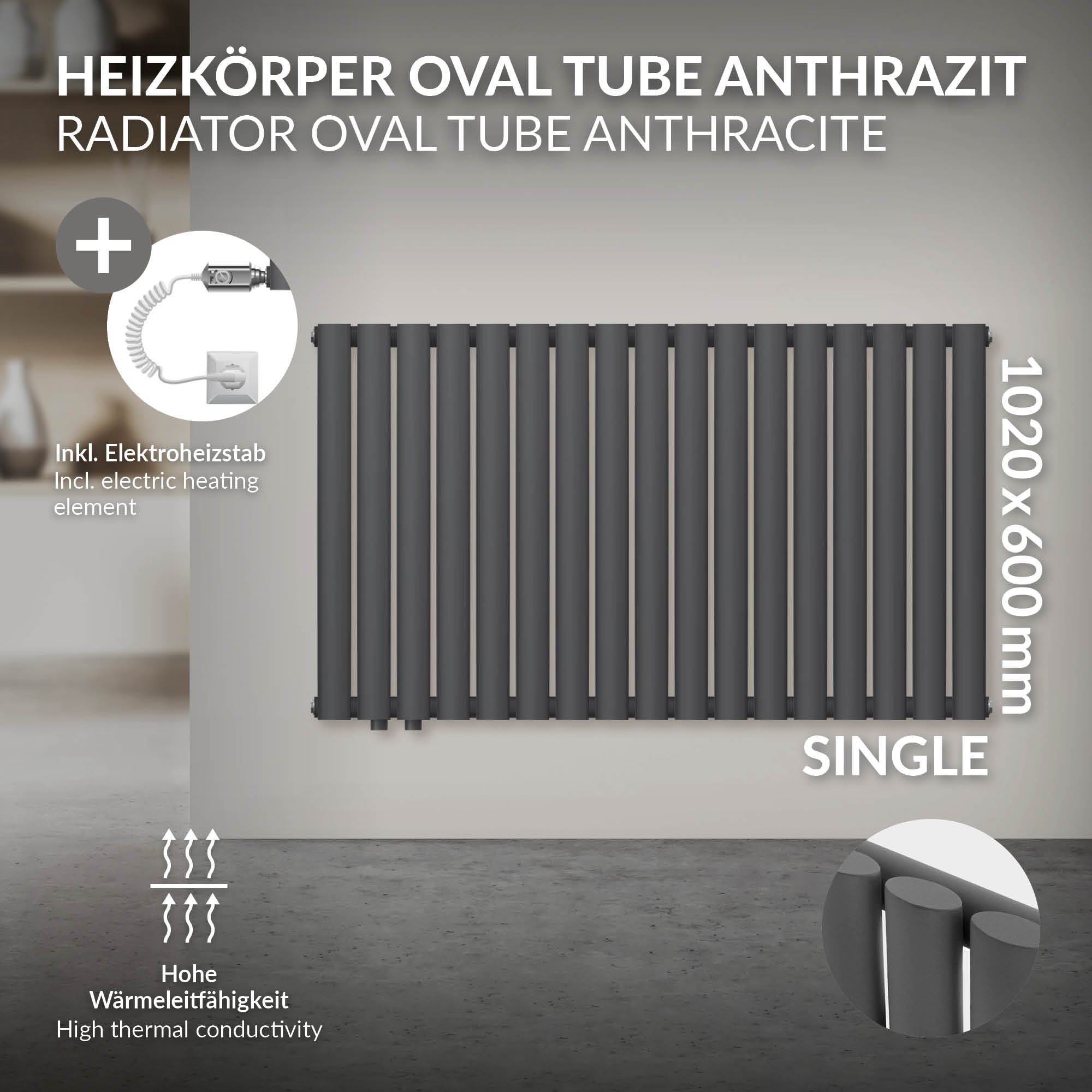 Anthrazitfarbener Heizkörper mit Elektroheizstab, Maße 1020x600 mm.