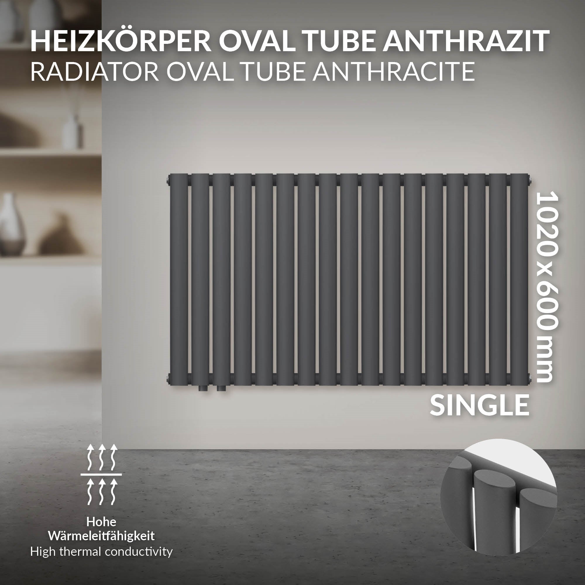 Antracitfarvet radiator med ovale rør, mål 1020x600 mm.