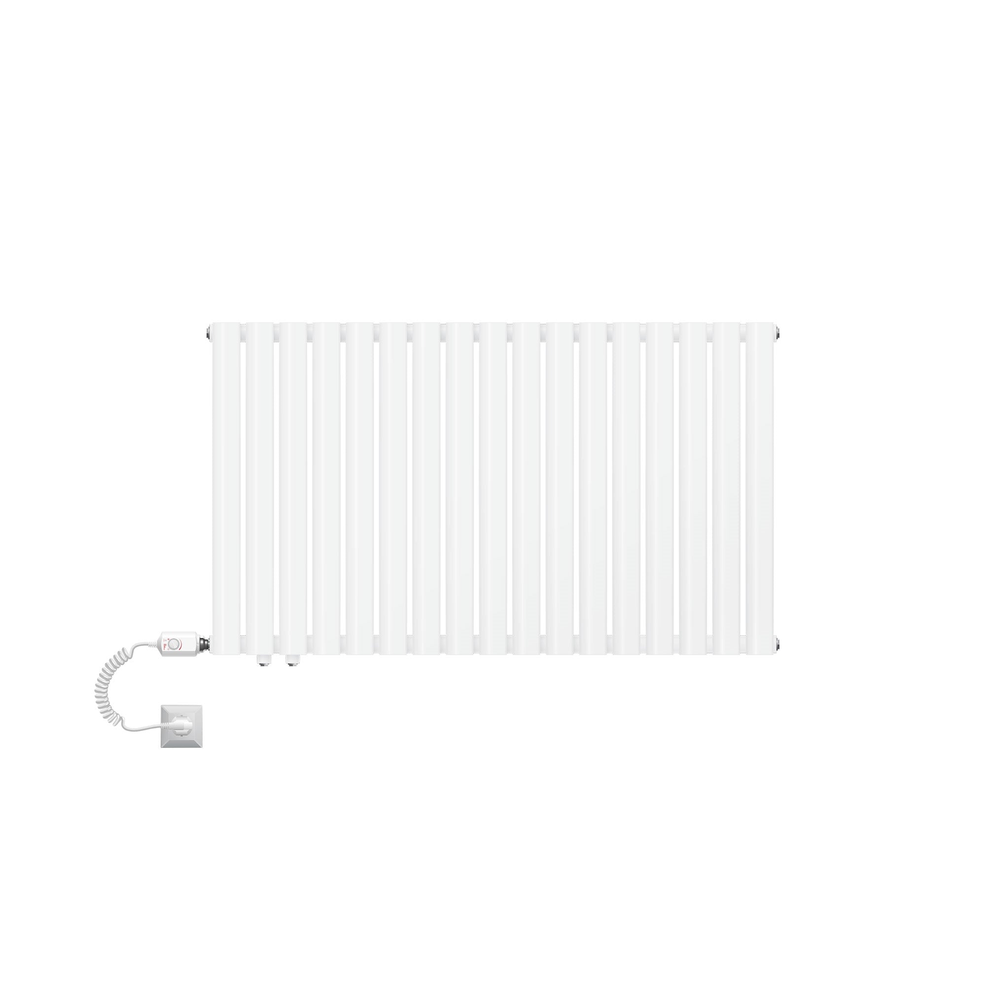 Hvid radiator med kabel og stik på hvid baggrund.