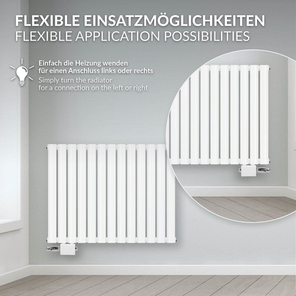 Radiator alb cu tuburi ovale, cu conectare flexibilă.